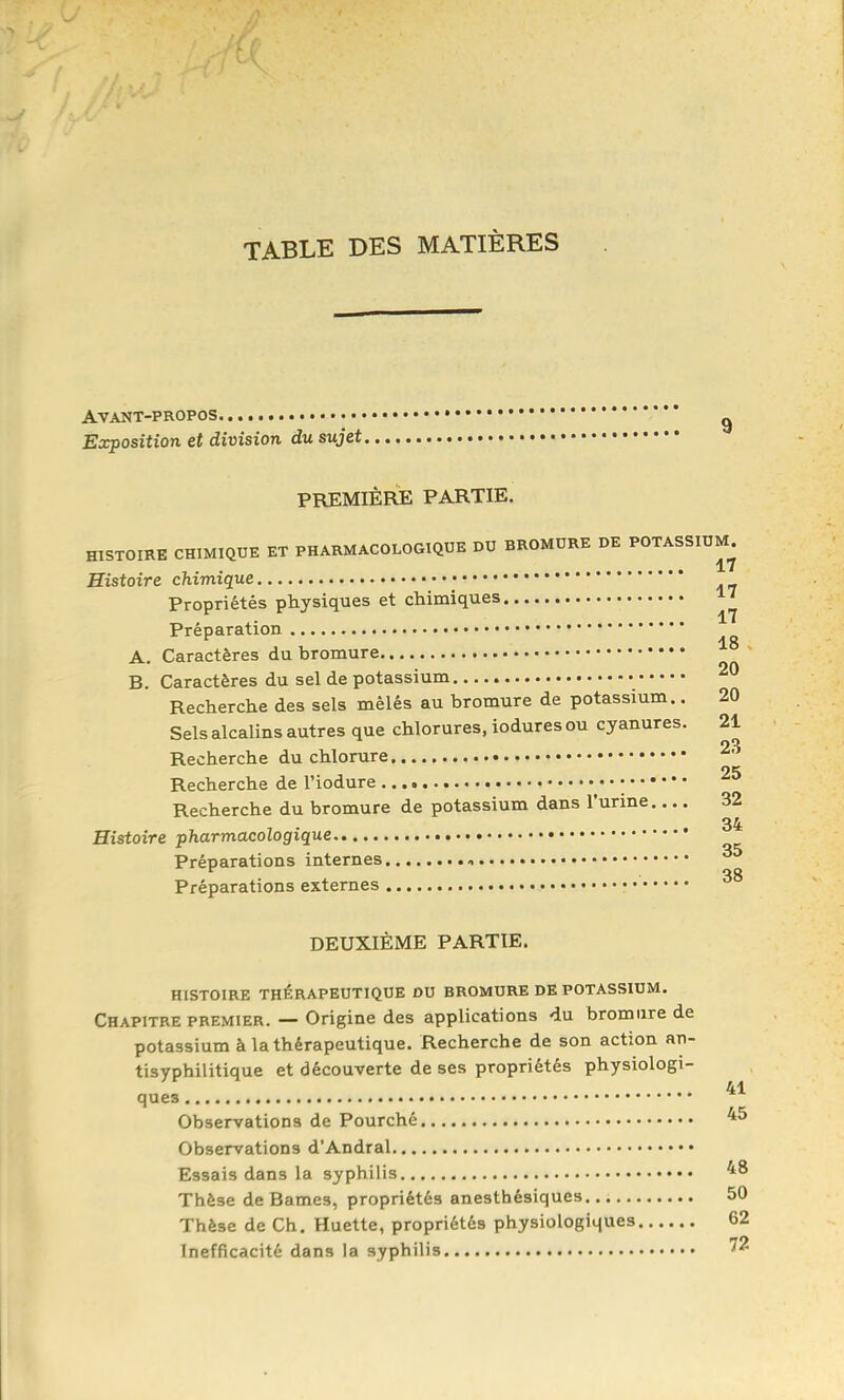 TABLE DES MATIÈRES Avant-propos Exposition et division du sujet. PREMIÈRE PARTIE. HISTOIRE CHIMIQUE ET PHARMACOLOGIQUE DU BROMURE DE POTASSIUM. Histoire chimique • Propriétés physiques et chimiques ^ 17 Préparation A. Caractères du bromure B. Caractères du sel de potassium Recherche des sels mêlés au bromure de potassium.. 20 Sels alcalins autres que chlorures, iodures ou cyanures. 21 Recherche du chlorure 25 Recherche de l'iodure • Recherche du bromure de potassium dans l'urine 32 Histoire pharmacologique Préparations internes , Préparations externes DEUXIÈME PARTIE. HISTOIRE THÉRAPEUTIQUE DU BROMURE DE POTASSIUM. Chapitre premier. — Origine des applications du bromure de potassium à la thérapeutique. Recherche de son action an- tisyphilitique et découverte de ses propriétés physiologi- ... 41 ques Observations de Pourché Observations d'Andral Essais dans la syphilis 48 Thèse de Bames, propriétés anesthésiques 50 Thèse de Ch. Huette, propriétés physiologiques 62