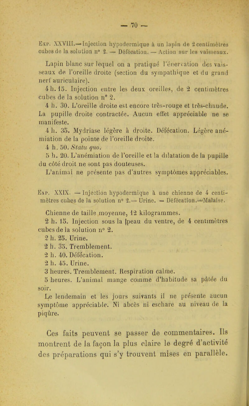 Exp. XXVIII.— Injeciion hypodermique à un lapin de icentimètres cubes do la aoluLion n° i. — Défécation. — Action sur les vaisseaux. Lapin blanc sur lequel on a pratiqué l'énervation des vais- seaux de l'oreille droite (section du sympalliique et du grand nerf auriculaire). 4h.'15. Injection entre les deux oreilles, de 2 centimètres cubes de la solution n 2. 4 11. 30. L'oreille droite est encore très-rouge et très-cliaude. La pupille droite contractée. Aucun efl'et appréciable ne se manifeste. 4 h. 35. Mydriase légère à droite. Défécation. Légère ané- miation de la pointe de l'oreille droite. 4 h. oO. Statu quo. 5 h. 20. L'anéraiation de l'oreille et la dilatation de la pupille du côté droit ne sont pas douteuses. L'animal ne présente pas d'autres symptômes appréciables. Exp. XXIX. — Injection hypodermique à une chienne de 4 centi- mètres cubes de la solution n 2.— Urine. — Défécation.-^Malaise. Chienne de taille moyenne, 12 kilogrammes. 2 h. IS. Injection sous la jpeau du ventre, de 4 centimètres cubes de la solution n° 2. 2 h. 25. Urine. 2 h. 33. Tremblement. 2 h. 40. Défécation. 2 h. 43. Urine. 3 heures. Tremblement. Respiration calme. 3 heures. L'animal mange comme d'habitude sa pâlée du soir. Le lendemain et les jours suivants il ne présente aucun symptôme appréciable. Ni abcès ni eschare au niveau de la piqûre. Ces faits peuvent se passer de commentaires. Ils montrent de la façon la plus claire le degré d'activité des préparations qui s'y trouvent mises en parallèle.