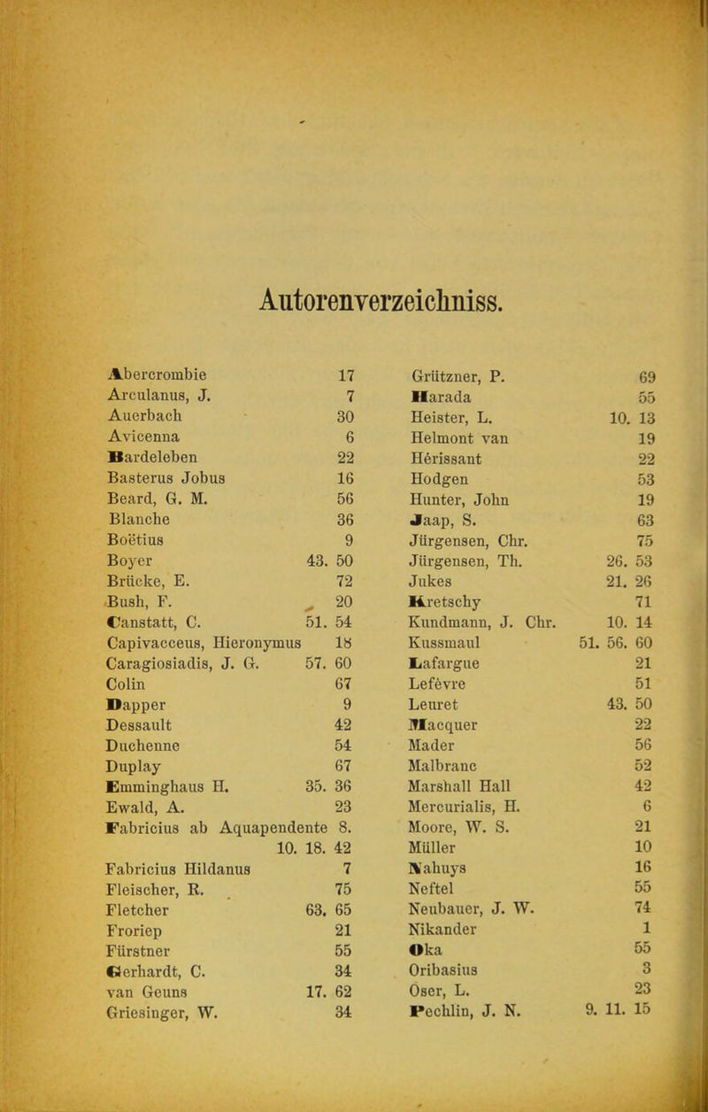 Autorenverzeicliniss. Abercrombie 17 Grützner, P. 69 Arculanus, J, 7 Harada 55 Auerbach 30 Heister, L. 10. 13 Avicenua 6 Helmont van 19 Bavdeleben 22 H^rissant 22 Basterus Jobus 16 Hodgen 53 Beard, G. M. 56 Hunter, John 19 Blanche 36 Jaap, S. 63 Boetius 9 Jürgensen, Chr. 75 Boy er 43. 50 Jürgensen, Th. 26. 53 Brücke, E. 72 Jukes 21. 26 Bush, F. 20 üretschy 71 ©anstatt, C. 51. 54 Kundmann, J. Chr. 10. 14 Capivacceus, Hieronymus 1» Kussmaul 51. 56. 60 Caragiosiadis, J. G. 57. 60 liafargue 21 Colin 67 Lefevre 51 Dapper 9 Leuret 43. 50 Dessault 42 Macquer 22 Duchenne 54 Mader 56 Duplay 67 Malbranc 52 Emminghaus H. 35. 36 Marshall Hall 42 Ewald, A. 23 Mercurialis, H. 6 Fabricius ab Aquapendente 8. Moore, W. S. 21 10. 18. 42 Müller 10 Fabricius Hildanus 7 Ulahuys 16 Fleischer, R. 75 Neftel 55 Fletcher 63. 65 Neubauer, J. W. 74 Froriep 21 Nikander 1 Fürstner 55 Oka 55 ©erhardt, C. 34 Oribasius 3 van Geuns 17. 62 Öser, L. 23 Griesinger, W. 34 Pechlin, J. N. 9. 11. 15