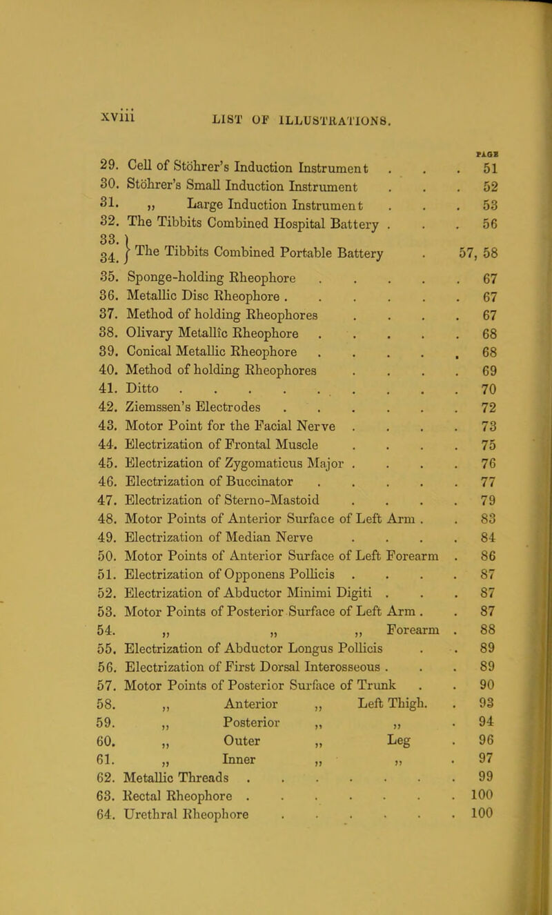 XVlll MSB 29. Cell of Stbhrer's Induction Instrument ... 51 30. Stohrer's Small Induction Instrument ... 52 31' „ Large Induction Instrument ... 53 32. The Tibbits Combined Hospital Battery ... 56 33. ) g^' I The Tibbits Combined Portable Battery . 57, 58 35. Sponge-holding Eheophore 67 36. Metallic Disc Eheophore 67 37. Method of holding Rheophores .... 67 38. Olivary Metallic Eheophore 68 39. Conical Metallic Eheophore ..... 68 40. Method of holding Eheophores .... 69 41. Ditto . . .70 42. Ziemssen's Electrodes ...... 72 43. Motor Point for the Facial Nerve .... 73 44. Electrization of Frontal Muscle .... 75 45. Electrization of Zygomaticus Major .... 76 46. Electrization of Buccinator ..... 77 47. Electrization of Sterno-Mastoid .... 79 48. Motor Points of Anterior Surface of Left Arm . . 83 49. Electrization of Median Nerve .... 84 50. Motor Points of Anterior Surface of Left Forearm . 86 51. Electrization of Opponens Pollicis .... 87 52. Electrization of Abductor Minimi Digiti ... 87 53. Motor Points of Posterior Surface of Left Arm . . 87 54. „ „ „ Forearm . 88 55. Electrization of Abductor Longus Pollicis . . 89 56. Electrization of First Dorsal Interosseous . . . 89 57. Motor Points of Posterior Sm-face of Trunk . . 90 58. „ Anterior „ Left Thigh. . 93 59. „ Posterior ,, „ . 94 60. „ Outer „ Leg . 96 61. „ Inner „ „ . 97 62. Metallic Threads 99 63. Eectal Eheophore 100 64. Urethral Eheophore 100