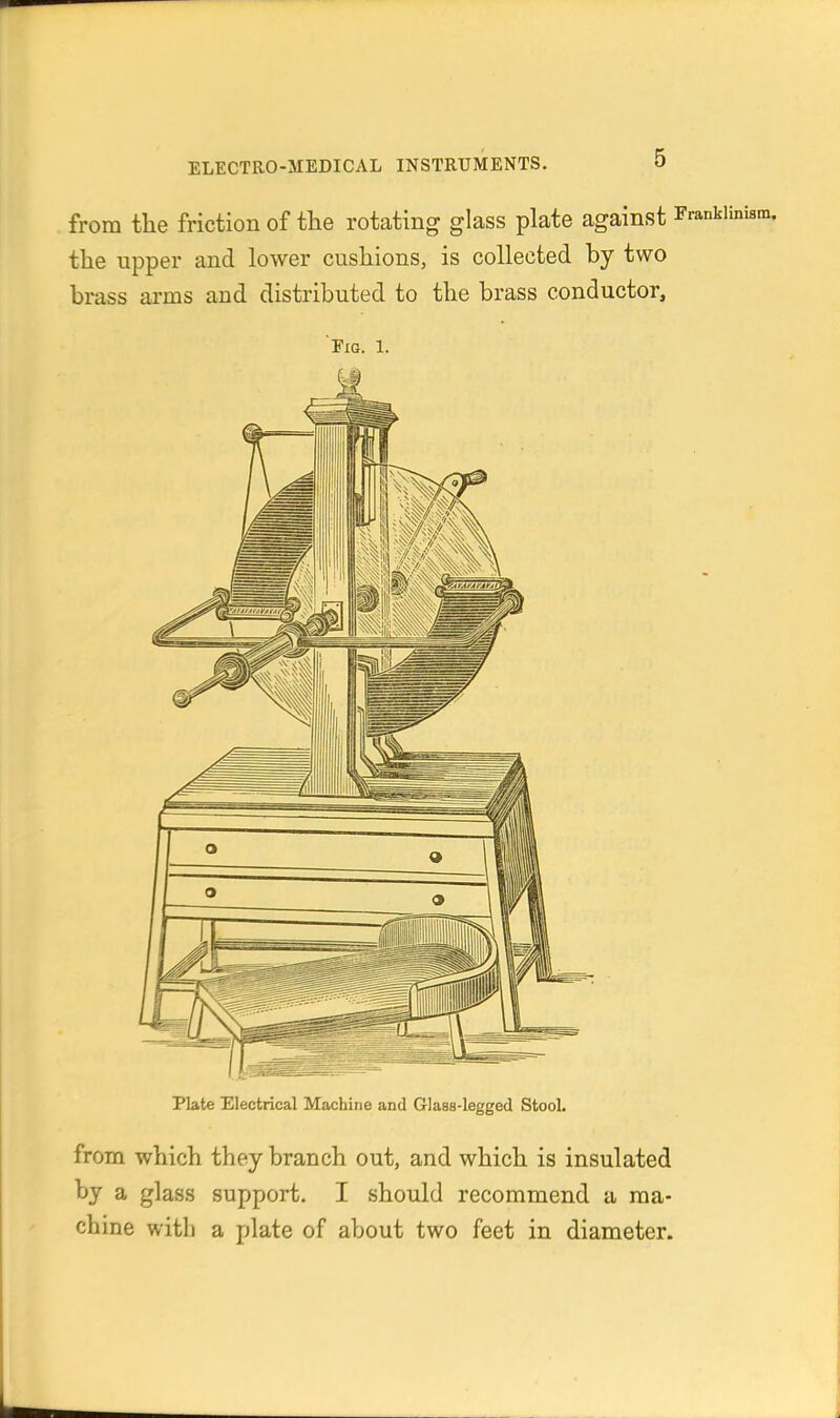 from the friction of the rotating glass plate against the upper and lower cushions, is collected by two brass arms and distributed to the brass conductor. Fig. 1. Plate Electrical Machine and Glasa-legged Stool. from which they branch out, and which is insulated by a glass support. I should recommend a ma- chine with a plate of about two feet in diameter.