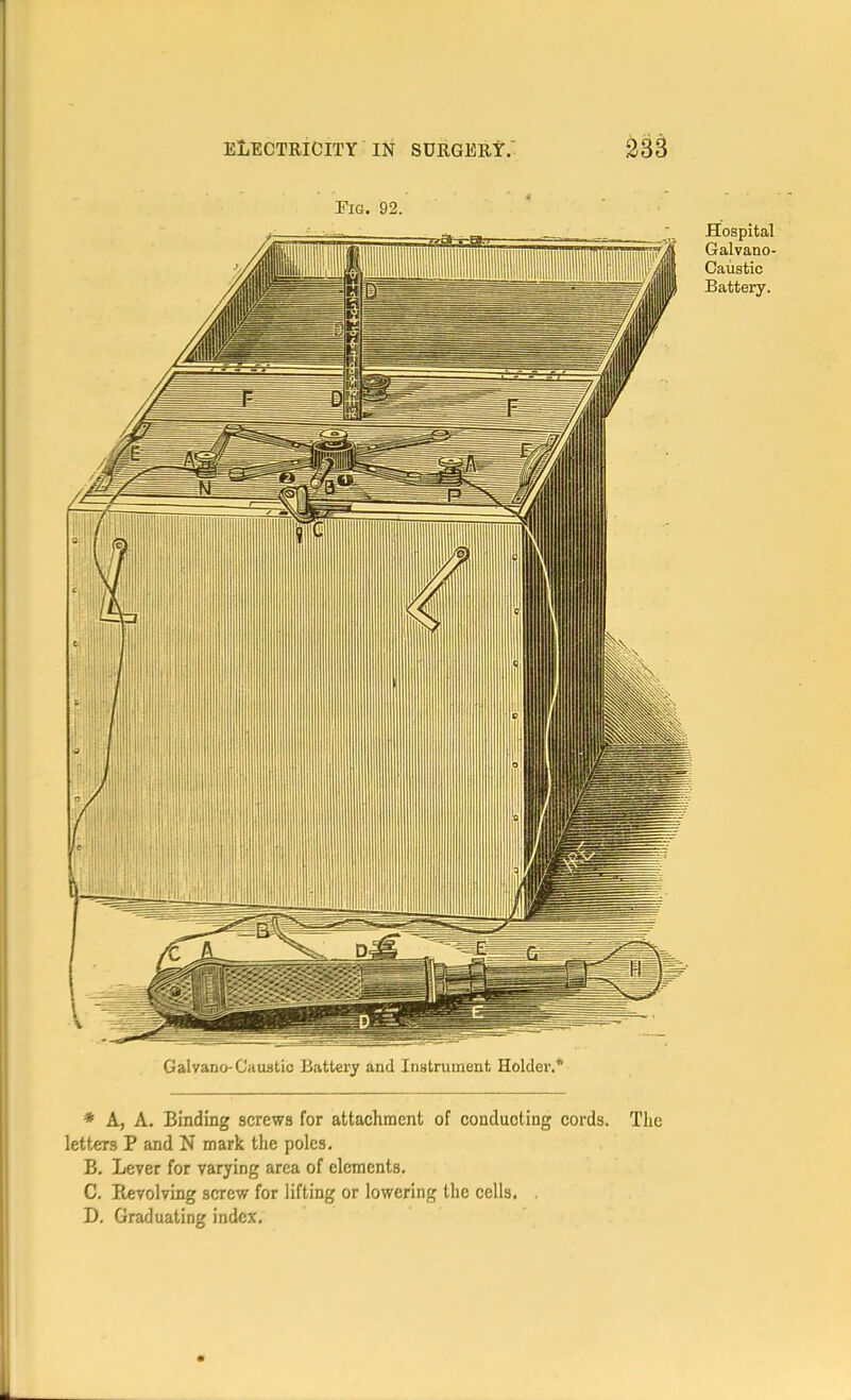 Fig. 92. Hospital Galvano- Caustic Battery. Galvano-C'auatic Battery and Instrument Holder.* * A, A. Binding screws for attachment of conducting cords. The letters P and N mark the poles, B, Lever for varying area of elements. C, E^volving screw for lifting or lowering the cells. . D, Graduating index.