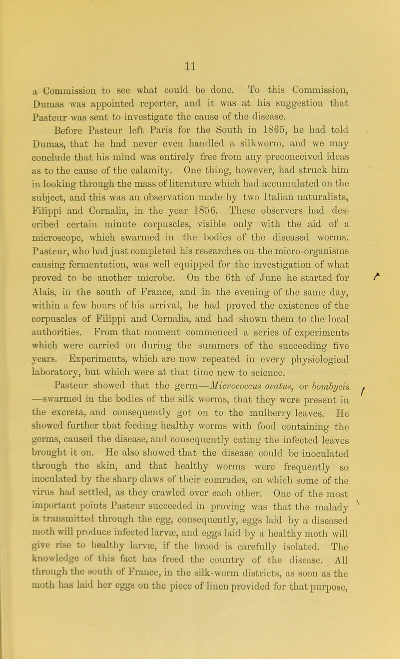 a Commission to see what could be done. To this Commission, Dumas was appointed reporter, and it was at his suggestion that Pasteur was sent to investigate the cause of the disease. Before Pasteur left Paris for the South in 1865, he had told Dumas, that he had never even handled a silkworm, and we may conclude that his mind was entirely free from any preconceived ideas as to the cause of the calamity. One thing, however, had struck him in looking through the mass of literature which had accumulated on the subject, and this was an observation made by two Italian naturalists, Filippi and Cornalia, in the year 1856. These observers had des- cribed certain minute corpuscles, visible only with the aid of a microscope, which swarmed in the bodies of the diseased worms. Pasteur, who had just completed his researches ou the micro-organisms causing fermentation, was well equipped for the investigation of what proved to be another microbe. On the 6th of June he started for Alais, in the south of France, and in the evening of the same day, within a few hours of his arrival, he had proved the existence of the corpuscles of Filippi and Cornalia, and had shown them to the local authorities. From that moment commenced it series of experiments which were carried on during the summers of the succeeding five years. Experiments, which are now repeated in every physiological laboratory, but which were at that time new to science. Pastern- showed that the germ—Micrococcus ovatus, or bombycis —swarmed in the bodies of the silk worms, that they were present in the excreta, and consequently got on to the mulberiy leaves. He showed further that feeding healthy worms with food containing the germs, caused the disease, and consequently eating the infected leaves brought it on. He also showed that the disease could be inoculated through the skin, and that healthy worms were frequently so inoculated by the sharp claws of their comrades, on which some of the virus had settled, as they crawled over eacli other. One of the most important points Pasteur succeeded in proving was that the malady is transmitted through the egg, consequently, eggs laid by a diseased rnoth will produce infected larva-, and eggs laid by a healthy moth will give rise to healthy larva, if the brood is carefully isolated. The knowledge of this fact has freed the country of the disease. All through the south of France, in the silk-worm districts, as soon as the moth has laid her eggs on the piece of linen provided for that purpose,