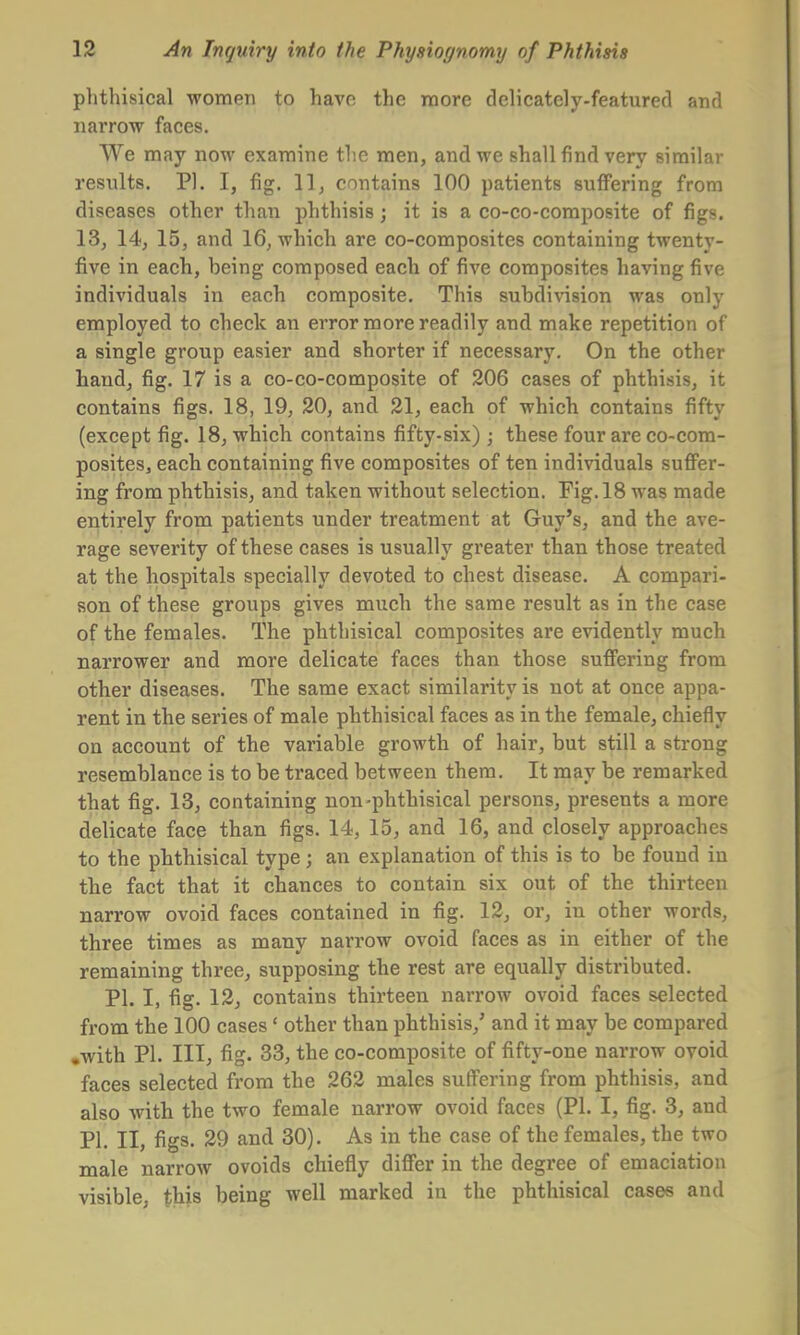 phthisical women to have the more delicately-featured and narrow faces. We may now examine the men, and we shall find very similar results. PI. I, fig. 11, contains 100 patients suffering from diseases other than phthisis ; it is a co-co-composite of figs. 13, 14, 15, and 16, which are co-composites containing twenty- five in each, being composed each of five composites having five individuals in each composite. This subdivision was only employed to check an error more readily and make repetition of a single group easier and shorter if necessary. On the other hand, fig. 17 is a co-co-composite of 206 cases of phthisis, it contains figs. 18, 19, 20, and 21, each of which contains fifty (except fig. 18, which contains fifty-six); these four are co-com- posites, each containing five composites of ten individuals suffer- ing from phthisis, and taken without selection. Fig. 18 was made entirely from patients under treatment at Guy's, and the ave- rage severity of these cases is usually greater than those treated at the hospitals specially devoted to chest disease. A compari- son of these groups gives much the same result as in the case of the females. The phthisical composites are evidently much narrower and more delicate faces than those suffering from other diseases. The same exact similarity is not at once appa- rent in the series of male phthisical faces as in the female, chiefly on account of the variable growth of hair, but still a strong resemblance is to be traced between them. It may be remarked that fig. 13, containing non-phthisical persons, presents a more delicate face than figs. 14, 15, and 16, and closely approaches to the phthisical type ; an explanation of this is to be found in the fact that it chances to contain six out of the thirteen narrow ovoid faces contained in fig. 12, or, in other words, three times as many narrow ovoid faces as in either of the remaining three, supposing the rest are equally distributed. PI. I, fig. 12, contains thirteen narrow ovoid faces selected from the 100 cases' other than phthisis/ and it may be compared .with PI. Ill, fig. 33, the co-composite of fifty-one narrow ovoid faces selected from the 262 males suffering from phthisis, and also with the two female narrow ovoid faces (PI. I, fig. 3, and PI. II, figs. 29 and 30). As in the case of the females, the two male narrow ovoids chiefly differ in the degi'ee of emaciation visible, this being well marked in the phthisical cases and