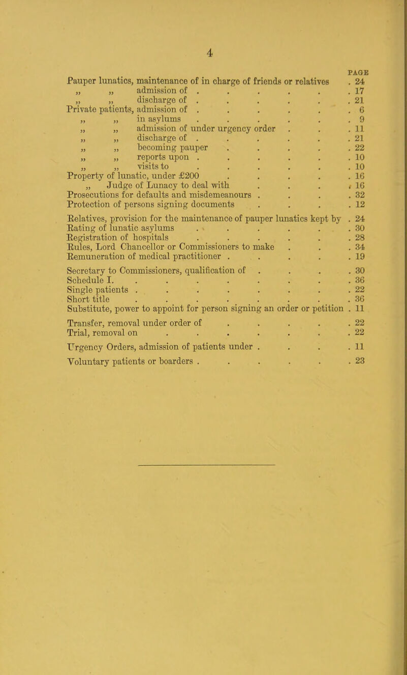 PAGE Pauper lunatics, maintenance of in charge of friends or relatives . 24 „ » admission of . . . . . .17 „ „ discharge of . . . . . .21 Private patients, admission of . . . . . .6 „ „ in asylums . . . . . .9 „ „ admission of under urgency order . . .11 „ „ discharge of . . . . . .21 „ „ becoming pauper . . . . .22 „ „ reports upon . . . . . .10 „ „ visits to . . . . . .10 Property of lunatic, under £200 . . . . .16 „ Judge of Lunacy to deal with . . . ,10 Prosecutions for defaults and misdemeanours . . . .32 Protection of persons signing documents . . . .12 Relatives, provision for the maintenance of pauper lunatics kept by . 24 Rating of lunatic asylums . > . . . .30 Registration of hospitals . . . . . .28 Rules, Lord Chancellor or Commissioners to make . . .34 Remuneration of medical practitioner . . . . .19 Secretary to Commissioners, qualification of . . .30 Schedule I. . . . . . . .36 Single patients . . . . . . . .22 Short title . . . . . . . .36 Substitute, power to appoint for person signing an order or petition . 11 Transfer, removal under order of . . . .22 Trial, removal on . . . . . . .22 Urgency Orders, admission of patients under . . . .11 Voluntary patients or boarders . . . . . .23