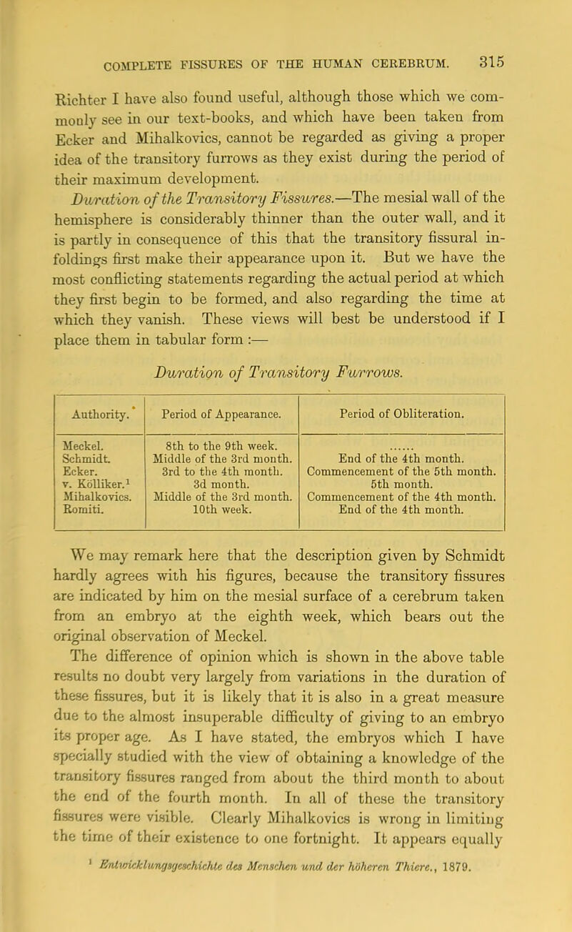 Richter I have also found useful, although those which we com- mooly see in our text-books, and which have been taken from Ecker and Mihalkovics, cannot be regarded as giving a proper idea of the transitory furrows as they exist during the period of their maximum development. Duration of the Transitory Fissures.—The mesial wall of the hemisphere is considerably thinner than the outer wall, and it is partly in consequence of this that the transitory fissural in- foldings first make their appearance upon it. But we have the most conflicting statements regarding the actual period at which they first begin to be formed, and also regarding the time at which they vanish. These views will best be understood if I place them in tabular form :— Duration of Transitory Furrows. Authority. Period of Appearance. Period of Ohliteration. Meckel. 8 th to the 9th week. Schmidt. Middle of the 3rd mouth. End of the 4th month. Ecker. 3rd to the 4th month. Commencement of the 5th month. V. KoUiker.i 3d month. 5th month. Mihalkovics. Middle of the 3rd month. Commencement of the 4th month. Romiti. 10th week. End of the 4 th month. We may remark here that the description given by Schmidt hardly agrees with his figures, because the transitory fissures are indicated by him on the mesial surface of a cerebrum taken from an embryo at the eighth week, which bears out the original observation of Meckel. The difference of opinion which is shown in the above table results no doubt very largely firom variations in the duration of these fissures, but it is likely that it is also in a great measure due to the almost insuperable difficulty of giving to an embryo its proper age. As I have stated, the embryos which I have specially studied with the view of obtaining a knowledge of the transitory fi.ssures ranged from about the third month to about the end of the fourth month. In all of these the transitory fissures were visible. Clearly Mihalkovics is wrong in limitiug the time of their existence to one fortnight. It appears equally ' ErUickklungsgeschichle des Menschm und der h'dheren Thiere., 1879.