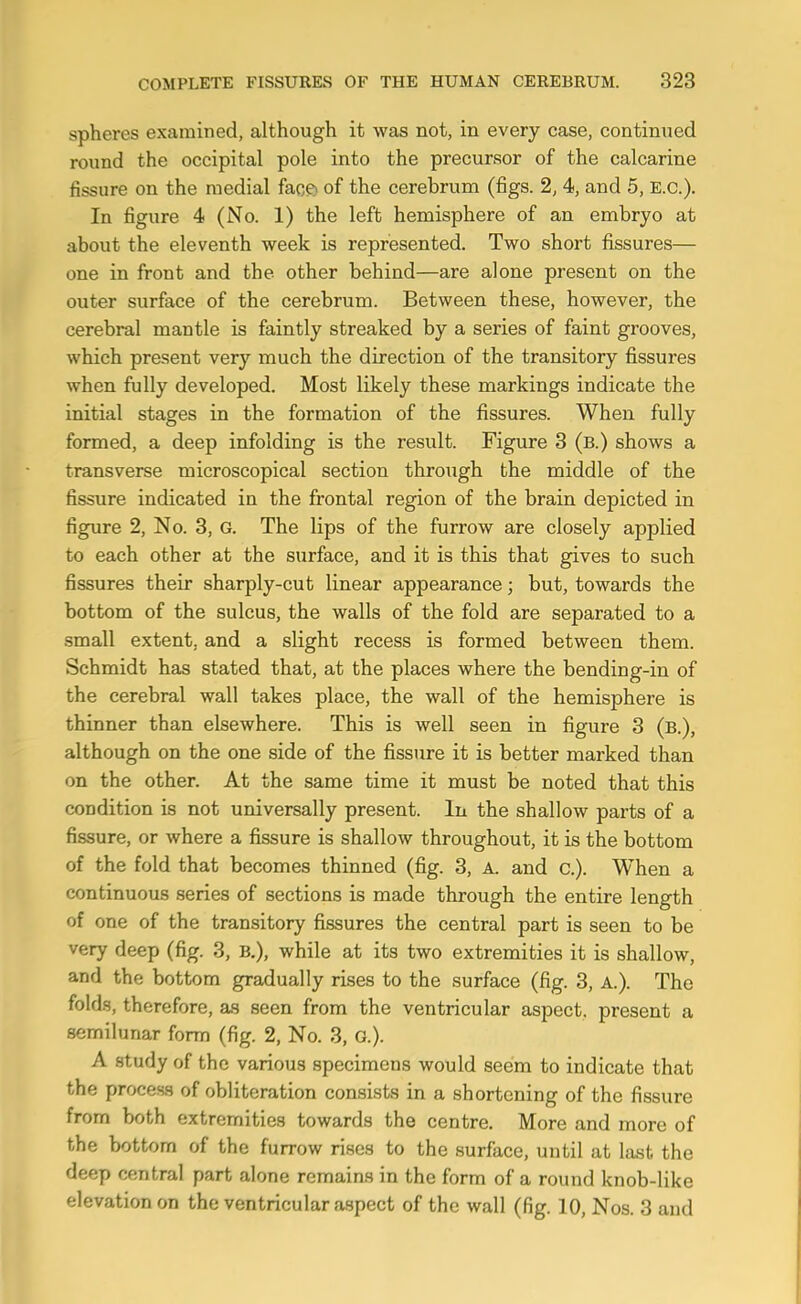 spheres examined, although it was not, in every case, continued round the occipital pole into the precursor of the calcarine fissure on the medial face of the cerebrum (figs. 2, 4, and 5, E.C.). In figure 4 (No. 1) the left hemisphere of an embryo at about the eleventh week is represented. Two short fissures— one in front and the other behind—are alone present on the outer surface of the cerebrum. Between these, however, the cerebral mantle is faintly streaked by a series of faint grooves, which present very much the direction of the transitory fissures when fully developed. Most likely these markings indicate the initial stages in the formation of the fissures. When fully formed, a deep infolding is the result. Figure 3 (b.) shows a transverse microscopical section through the middle of the fissure indicated in the frontal region of the brain depicted in figure 2, No. 3, G. The lips of the furrow are closely applied to each other at the surface, and it is this that gives to such fissures their sharply-cut linear appearance; but, towards the bottom of the sulcus, the walls of the fold are separated to a .small extent, and a slight recess is formed between them. Schmidt has stated that, at the places where the bending-in of the cerebral wall takes place, the wall of the hemisphere is thinner than elsewhere. This is well seen in figure 3 (b.), although on the one side of the fissure it is better marked than on the other. At the same time it must be noted that this condition is not universally present. In the shallow parts of a fissure, or where a fissure is shallow throughout, it is the bottom of the fold that becomes thinned (fig. 3, A. and c). When a continuous series of sections is made through the entire length of one of the transitory fissures the central part is seen to be very deep (fig. 3, B.), while at its two extremities it is shallow, and the bottom gradually rises to the surface (fig. 3, A.). The folds, therefore, as seen from the ventricular aspect, present a semilunar form (fig. 2, No. 3, G.). A .study of the various specimens would seem to indicate that the process of obliteration consists in a shortening of the fissure from both extremities towards the centre. More and more of the bottom of the furrow rises to the surface, until at last the deep central part alone remains in the form of a round knob-like elevation on the ventricular aspect of the wall (fig. 10, Nos. 3 and