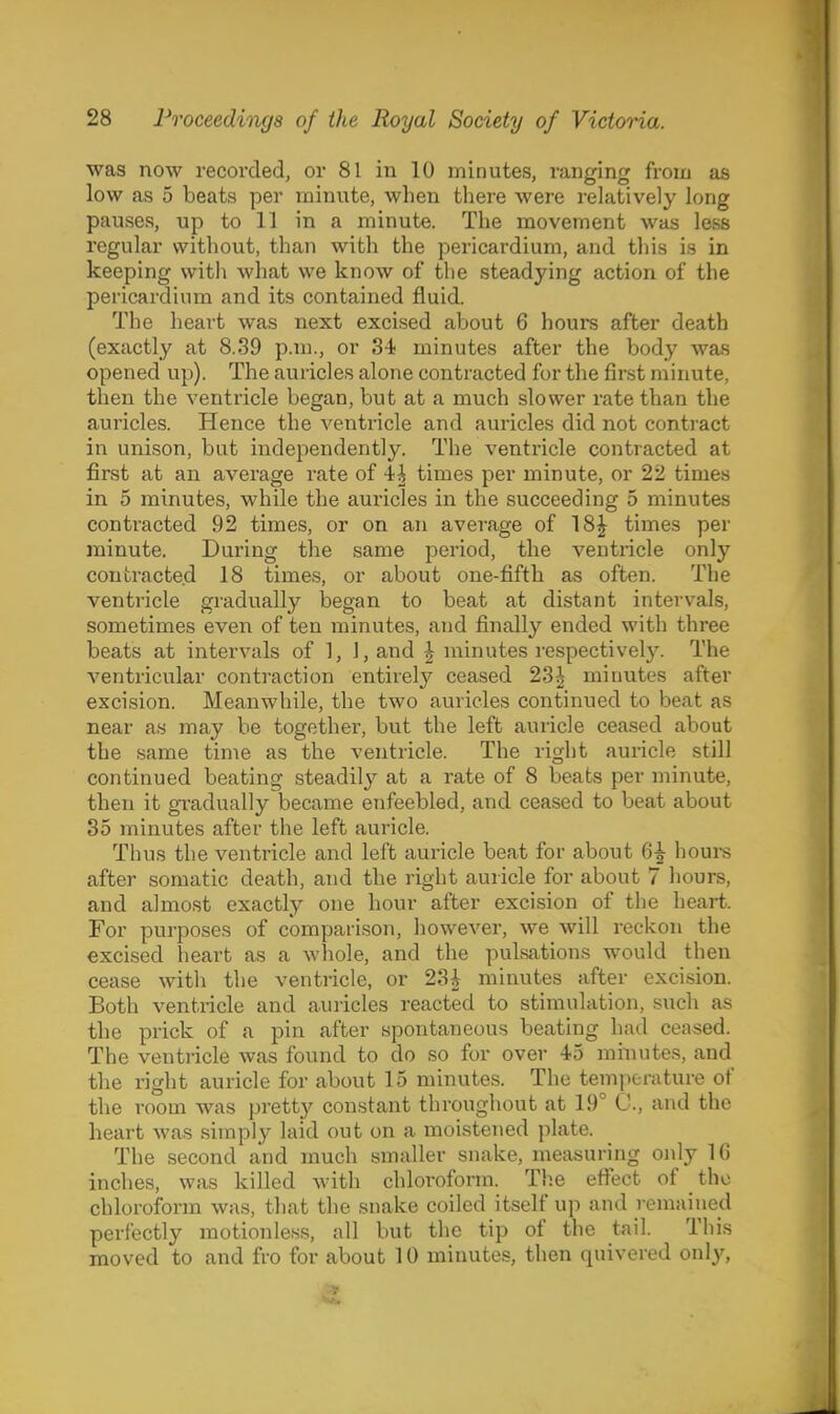 was now recorded, or 81 in 10 minutes, ranging from as low as 5 beats per minute, when there were relatively long pauses, up to 11 in a minute. The movement was less regular without, than with the pericardium, and this is in keeping with what we know of the steadying action of the pericardium and its contained fluid. The heart was next excised about 6 hours after death (exactly at 8.39 p.m., or S-i minutes after the body was opened up). The auricles alone contracted for the first minute, then the ventricle began, but at a much slower rate than the auricles. Hence the ventricle and auricles did not contract in unison, but independently. The ventricle contracted at first at an average rate of 4^ times per minute, or 22 times in 5 minutes, while the auricles in the succeeding 5 minutes contracted 92 times, or on an avei-age of 18| times per minute. During the same period, the ventricle onlj' contracted 18 times, or about one-fifth as often. The ventricle gradually began to beat at distant intervals, sometimes even of ten minutes, and finally ended with three beats at intervals of 1, ],and | minutes respectively. The ventricular contraction entirely'' ceased 23^ minutes after excision. Meanwhile, the two auricles continued to beat as near as may be together, but the left auricle ceased about the same time as the ventricle. The right auricle still continued beating steadily at a rate of 8 beats per minute, then it gradually became enfeebled, and ceased to beat about 35 minutes after the left auricle. Thus the ventricle and left auricle beat for about 6^ hours after somatic death, and the right auricle for about 7 hours, and almost exactly one hour after excision of the heart. For purposes of comparison, however, we will reckon the excised heart as a whole, and the pulsations would then cease with the ventricle, or 23i minutes after excision. Both ventricle and auricles reacted to stimulation, such as the prick of a pin after spontaneous beating had ceased. The ventricle was found to do so for over 45 minutes, and the right auricle for about 15 minutes. The temperature of the room was pretty constant throughout at 19° C, and the heart was simply laid out on a moistened plate. The second and much smaller snake, measuring only IG inches, was killed Avith chloroform. Tlie efiect of _ the chloroform was, that the snake coiled itself up and remained perfectly motionless, all but the tip of the tail. This moved to and fro for about 10 minutes, then quivered only,