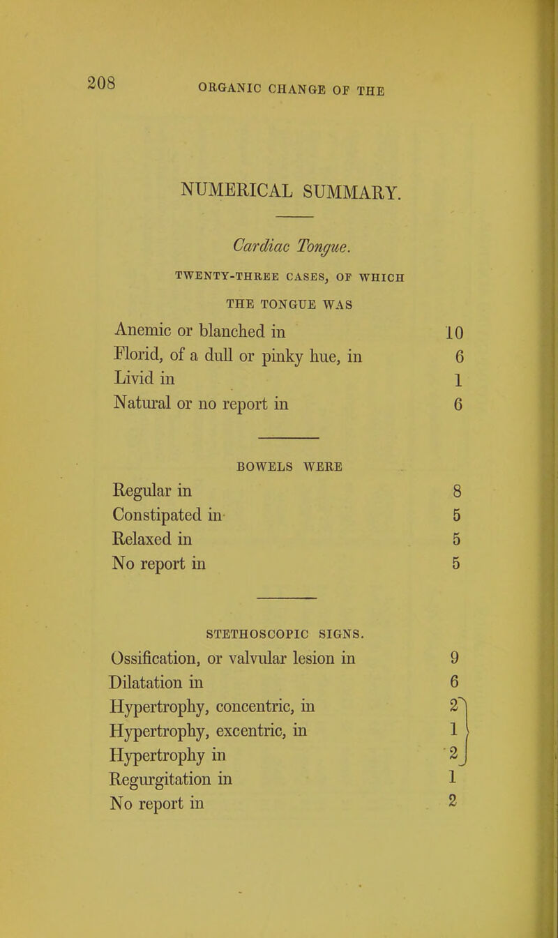NUMERICAL SUMMARY. Cardiac Tongue. TWENTY-THREE CASES, OF WHICH THE TONGUE WAS Anemic or blanched in Florid, of a dull or pinky hue, in Livid in Natural or no report in BOWELS WERE Regular in Constipated in Relaxed in No report in STETHOSCOPIC SIGNS, Ossification, or valvular lesion in Dilatation in Hypertrophy, concentric, in Hypertrophy, excentric, in Hypertrophy in Regurgitation in No report in