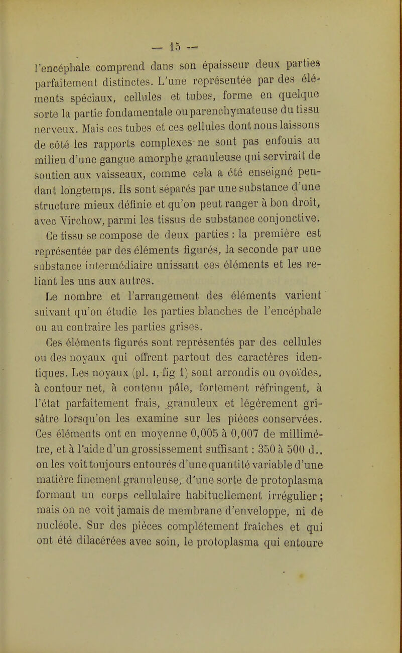 l'encéphale comprend dans son épaisseur deux parties pcarfaitement distinctes. L'une représentée par des élé- ments spéciaux, cellules et tubes, forme en quelque sorte la partie fondamentale ouparenchymateuse du tissu nerveux. Mais ces tubes et ces cellules dont nous laissons de côté les rapports complexes-ne sont pas enfouis au milieu d'une gangue amorphe granuleuse qui servirait de soutien aux vaisseaux, comme cela a été enseigné pen- dant longtemps. Ils sont séparés par une substance d'une structure mieux définie et qu'on peut ranger à bon droit, avec Yirchow, parmi les tissus de substance conjonctive. Ce tissu se compose de deux parties : la première est représentée par des éléments figurés, la seconde par une substance intermédiaire unissant ces éléments et les re- liant les uns aux autres. Le nombre et l'arrangement des éléments varient ' suivant qu'on étudie les parties blanches de l'encéphale ou au contraire les parties grises. Ces éléments figurés sont représentés par des cellules ou des noyaux qui offrent partout des caractères iden- tiques. Les noyaux (pl. i, fig 1) sont arrondis ou ovoïdes, à contour net, à contenu pâle, fortement réfringent, à l'état parfaitement frais, granuleux et légèrement gri- sâtre lorsqu'on les examine sur les pièces conservées. Ces éléments ont en moyenne 0,005 à 0,007 de millimè- tre, et à l'aide d'un grossissement suffisant : 350 à 500 d., on les voit toujours entourés d'une quantité variable d'une matière finement granuleuse, d'une sorte de protoplasma formant un corps cellulaire habituellement irrégulier; mais on ne voit jamais de membrane d'enveloppe, ni de nucléole. Sur des pièces complètement fraîches et qui ont été dilacérées avec soin, le protoplasma qui entoure