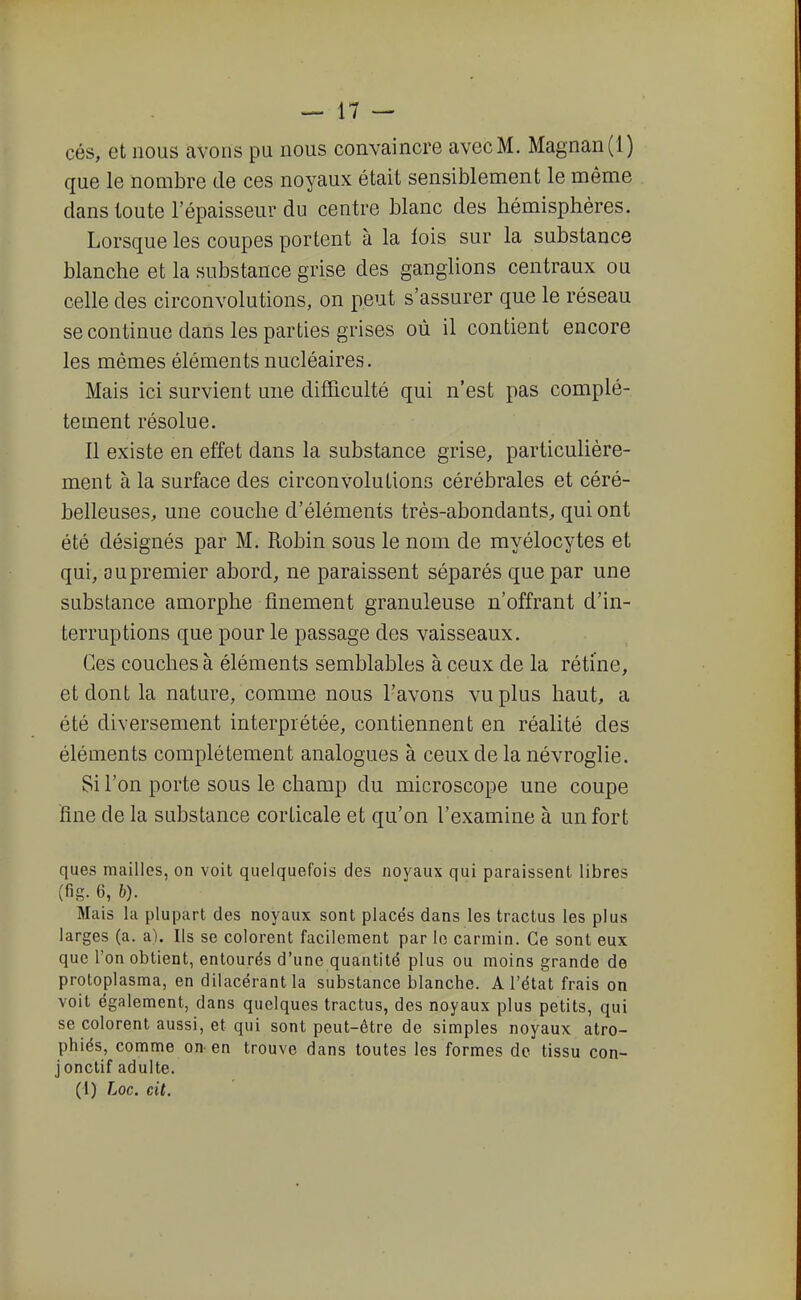cés, et nous avons pu nous convaincre avec M. Magnan(l) que le nombre de ces noyaux était sensiblement le même dans toute l'épaisseur du centre blanc des hémisphères. Lorsque les coupes portent à la lois sur la substance blanche et la substance grise des ganglions centraux ou celle des circonvolutions, on peut s'assurer que le réseau se continue dans les parties grises où il contient encore les mêmes éléments nucléaires. Mais ici survient une difficulté qui n'est pas complè- tement résolue. Il existe en effet dans la substance grise, particulière- ment à la surface des circonvolutions cérébrales et céré- belleuses, une couche d'éléments très-abondants, qui ont été désignés par M. Robin sous le nom de myélocytes et qui, ou premier abord, ne paraissent séparés que par une substance amorphe finement granuleuse n'offrant d'in- terruptions que pour le passage des vaisseaux. Ces couches à éléments semblables à ceux de la rétine, et dont la nature, comme nous l'avons vu plus haut, a été diversement interprétée, contiennent en réalité des éléments complètement analogues à ceux de la névroglie. Si l'on porte sous le champ du microscope une coupe fine de la substance corticale et qu'on l'examine à un fort ques mailles, on voit quelquefois des noyaux qui paraissent libres (fig. 6, b). Mais la plupart des noyaux sont placés dans les tractus les plus larges (a. a). Ils se colorent facilement par le carmin. Ce sont eux que l'on obtient, entourés d'une quantité plus ou moins grande de protoplasma, en dilacérantla substance blanche. A l'état frais on voit également, dans quelques tractus, des noyaux plus petits, qui se colorent aussi, et qui sont peut-être de simples noyaux atro- phiés, comme on en trouve dans toutes les formes de tissu con- jonctif adulte. (I) Loc. cit.