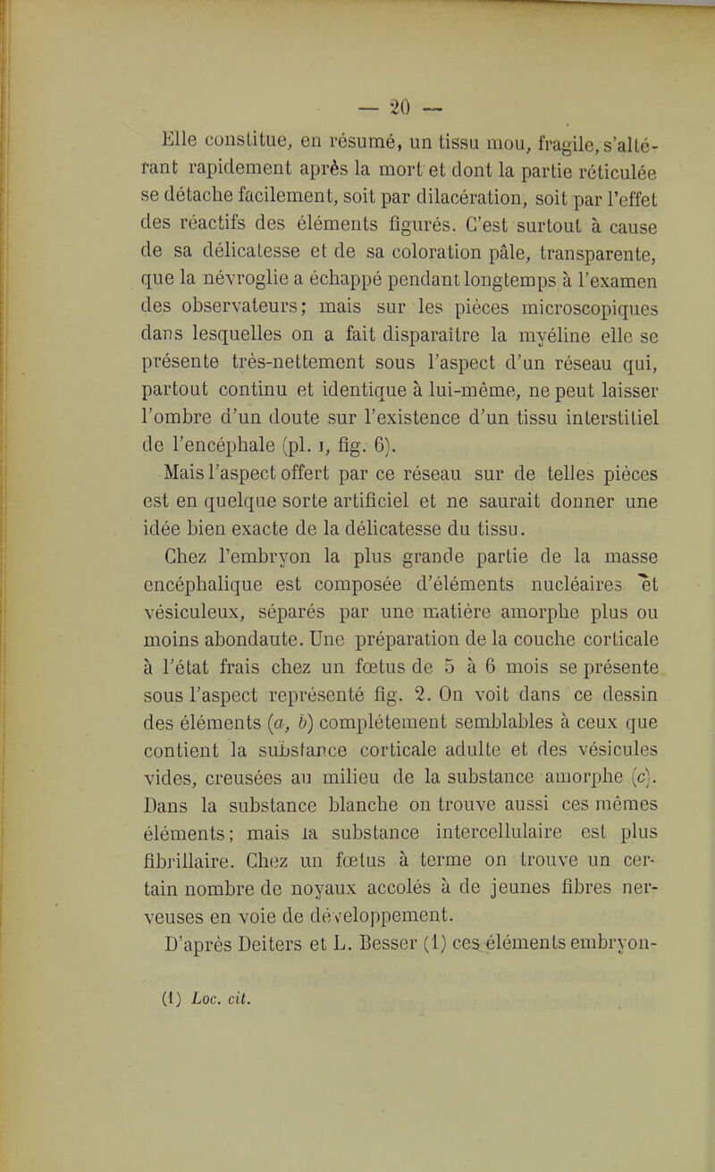 Elle constitue, en résumé, un tissu mou, fragile, s'al té- rant rapidement après la mort et dont la partie réticulée se détache facilement, soit par dilacération, soit par l'effet des réactifs des éléments figurés. C'est surtout à cause de sa délicatesse et de sa coloration pâle, transparente, que la névroglie a échappé pendant longtemps à l'examen des observateurs; mais sur les pièces microscopiques dans lesquelles on a fait disparaître la myéline elle se présente très-nettement sous l'aspect d'un réseau qui, partout continu et identique à lui-même, ne peut laisser l'ombre d'un doute sur l'existence d'un tissu interstitiel de l'encéphale (pl. i, fig. 6). Mais l'aspect offert par ce réseau sur de telles pièces est en quelque sorte artificiel et ne saurait donner une idée bien exacte de la déhcatesse du tissu. Chez l'embryon la plus grande partie de la masse encéphalique est composée d'éléments nucléaires 'et vésiculeux, séparés par une matière amorphe plus ou moins abondante. Une préparation de la couche corticale à l'état frais chez un fœtus de 5 à 6 mois se présente sous l'aspect représenté flg. 2. On voit dans ce dessin des éléments (a, b) complètement semblables à ceux que contient la substance corticale adulte et des vésicules vides, creusées au milieu de la substance amorphe (c). Dans la substance blanche on trouve aussi ces mêmes éléments; mais la substance intercellulaire est plus flbrillaire. Chez un fœtus à terme on trouve un cer- tain nombre de noyaux accolés à de jeunes fibres ner- veuses en voie de développement. D'après Deiters et L. Besser (1) ces^éléments embryon-