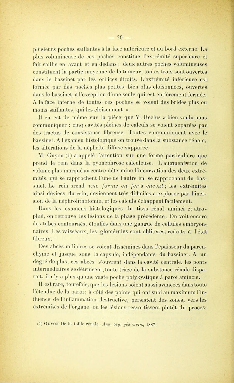 plusieurs poches saillantes à la face antérieure et au bord externe. La plus volumineuse de ces poches constitue l'extrémité supérieure et fait saillie en avant et en dedans ; deux autres poches volumineuses constituent la partie moyenne de la tumeur, toutes trois sont ouvertes dans le bassinet par les orifices étroits. L'extrémité inférieure est formée par des poches plus petites, bien plus cloisonnées, ouvertes dans le bassinet, à l'exception d'une seule qui est entièrement fermée. A la face interne de toutes ces poches se voient des brides plus ou moins saillantes, qui les cloisonnent ». 11 en est de même sur la pièce que M. Reclus a bien voulu nous communiquer : cinq cavités pleines de calculs se voient séparées par des tractus de consistance fibreuse. Toutes communiquent avec le bassinet. A l'examen histologique on trouve dans la substance rénale, les altérations de la néphrite diffuse suppurée. M. Guyon (1) a appelé l'attention sur une forme particulière que prend le rein dans la pyonéphrose calculeuse. L'augmentation de volume plus marqué au centre détermine l'incurvation des deux extré- mités, qui se rapprochent l'une de l'autre en se rapprochant du bas- sinet. Le rein prend une forme en fer à cheval ; les extrémités ainsi déviées du rein, deviennent très difficiles à explorer par l'inci- sion de la néphrolithotomie, et les calculs échappent facilement. Dans les examens histologiques du tissu rénal, aminci et atro- phié, on retrouve les lésions de la phase précédente. On voit encore des tubes contournés, étouffés dans une gangue de cellules embryon- naires. Les vaisseaux, les glomérules sont oblitérés, réduits à l'état fibreux. Des abcès miliaires se voient disséminés dans l'épaisseur du paren- chyme et jusque sous la capsule, indépendants du bassinet. A un degré de plus, ces abcès s'ouvrent dans la cavité centrale, les ponts intermédiaires se détruisent, toute trace de la substance rénale dispa- raît, il n'y a plus qu'une vaste poche polykystique à paroi amincie. Il est rare, toutefois, que les lésions soient aussi avancées dans toute l'étendue de la paroi ; à côté des points qui ont subi au maximum l'in- fluence de l'inflammation destructive, persistent des zones, vers les extrémités de l'organe, où les lésions ressortissent plutôt du proces- (1) Guyon De la taille rénale. A/m. or//. çjé/i.-/irin., 1887.