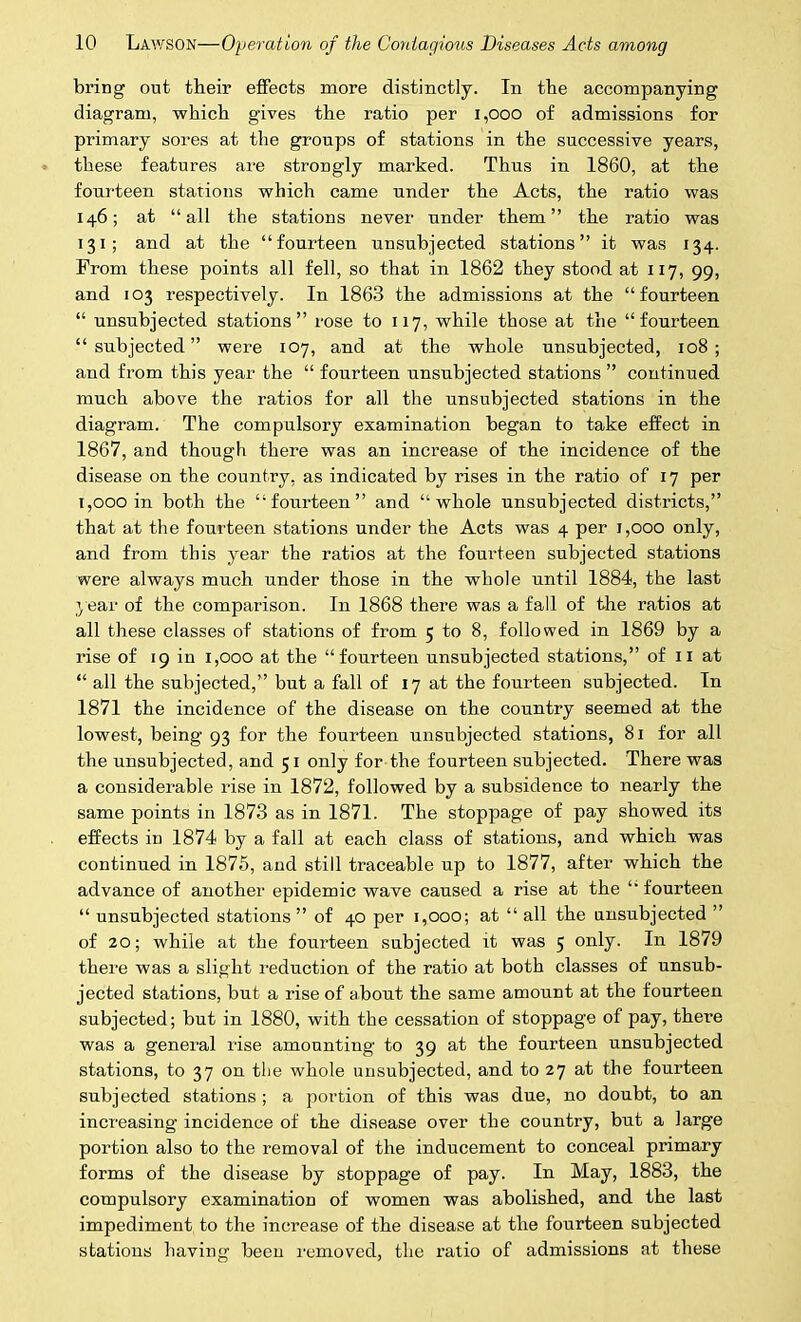 bring out their effects more distinctly. In the accompanying diagram, which gives the ratio per 1,000 of admissions for primary sores at the groups of stations in the successive years, these features are strongly marked. Thus in 1860, at the fourteen stations which came under the Acts, the ratio was 146; at “all the stations never under them” the ratio was 131; and at the “fourteen unsubjected stations” it was 134. From these points all fell, so that in 1862 they stood at 117, 99, and 103 respectively. In 1863 the admissions at the “fourteen “ unsubjected stations” rose to 117, while those at the “fourteen “subjected” were 107, and at the whole unsubjected, 108; and from this year the “ fourteen unsubjected stations ” continued much above the ratios for all the unsubjected stations in the diagram. The compulsory examination began to take effect in 1867, and though there was an increase of the incidence of the disease on the country, as indicated by rises in the ratio of 17 per 1,000 in both the “fourteen” and “whole unsubjected districts,” that at the fourteen stations under the Acts was 4 per 1,000 only, and from this year the ratios at the fourteen subjected stations were always much under those in the whole until 1884, the last year of the comparison. In 1868 there was a fall of the ratios at all these classes of stations of from 5 to 8, followed in 1869 by a rise of 19 in 1,000 at the “fourteen unsubjected stations,” of 11 at “ all the subjected,” but a fall of 17 at the fourteen subjected. In 1871 the incidence of the disease on the country seemed at the lowest, being 93 for the fourteen unsubjected stations, 81 for all the unsubjected, and 51 only for the fourteen subjected. There was a considerable rise in 1872, followed by a subsidence to nearly the same points in 1873 as in 1871. The stoppage of pay showed its effects iu 1874 by a fall at each class of stations, and which was continued in 1875, and still traceable up to 1877, after which the advance of another epidemic wave caused a rise at the “ fourteen “ unsubjected stations ” of 40 per 1,000; at “ all the unsubjected ” of 20; while at the fourteen subjected it was 5 only. In 1879 there was a slight reduction of the ratio at both classes of unsub- jected stations, but a rise of about the same amount at the fourteen subjected; but in 1880, with the cessation of stoppage of pay, there was a general rise amounting to 39 at the fourteen unsubjected stations, to 37 on the whole unsubjected, and to 27 at the fourteen subjected stations ; a portion of this was due, no doubt, to an increasing incidence of the disease over the country, but a large portion also to the removal of the inducement to conceal primary forms of the disease by stoppage of pay. In May, 1883, the compulsory examinatioD of women was abolished, and the last impediment to the increase of the disease at the fourteen subjected stations having been removed, the ratio of admissions at these