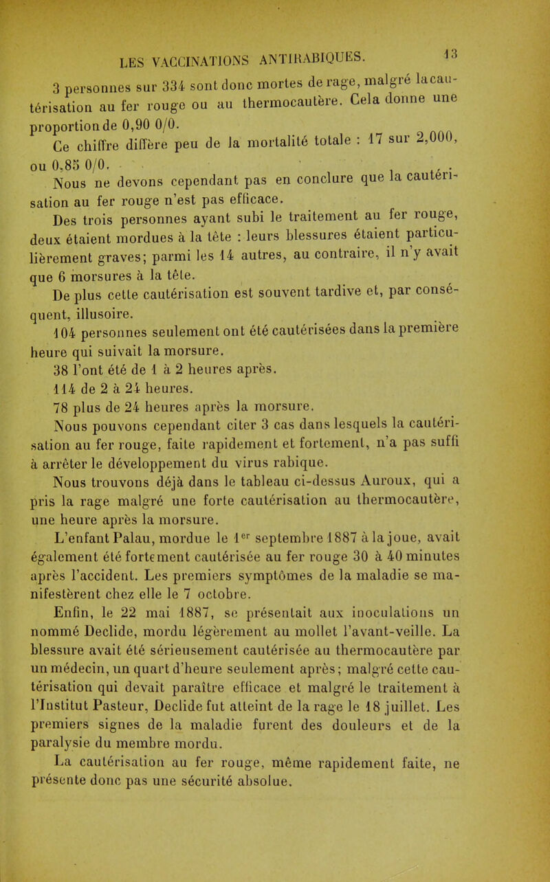 3 personnes sur 334 sont donc mortes de rage, malgré lacau- térisation au fer rouge ou au thermocautère. Cela donne une proportion de 0,90 0/0. Ce chiffre diffère peu de la mortalité totale : 17 sur 2,000, ou 0,85 0/0. ' . Nous ne devons cependant pas en conclure que la cautéri- sation au fer rouge n'est pas efficace. Des trois personnes ayant subi le traitement au fer rouge, deux étaient mordues à la tête : leurs blessures étaient particu- lièrement graves; parmi les 14 autres, au contraire, il n'y avait que 6 morsures à la tête. De plus cette cautérisation est souvent tardive et, par consé- quent, illusoire. 104 personnes seulement ont été cautérisées dans la première heure qui suivait la morsure. 38 l'ont été de 1 à 2 heures après. 114 de 2 à 24 heures. 78 plus de 24 heures après la morsure. Nous pouvons cependant citer 3 cas dans lesquels la cautéri- sation au fer rouge, faite rapidement et fortement, n'a pas suffi à arrêter le développement du virus rabique. Nous trouvons déjà dans le tableau ci-dessus Auroux, qui a pris la rage malgré une forte cautérisation au thermocautère, une heure après la morsure. L'enfant Palau, mordue le 1er septembre 1887 à la joue, avait également été fortement cautérisée au fer rouge 30 à 40 minutes après l'accident. Les premiers symptômes de la maladie se ma- nifestèrent chez elle le 7 octobre. Enfin, le 22 mai 1887, se présentait aux inoculations un nommé Declide, mordu légèrement au mollet l'avant-veille. La blessure avait été sérieusement cautérisée au thermocautère par un médecin, un quart d'heure seulement après; malgré cette cau- térisation qui devait paraître efficace et malgré le traitement à l'Institut Pasteur, Declide fut atteint de la rage le 18 juillet. Les premiers signes de la maladie furent des douleurs et de la paralysie du membre mordu. La cautérisation au fer rouge, même rapidement faite, ne présente donc pas une sécurité absolue.