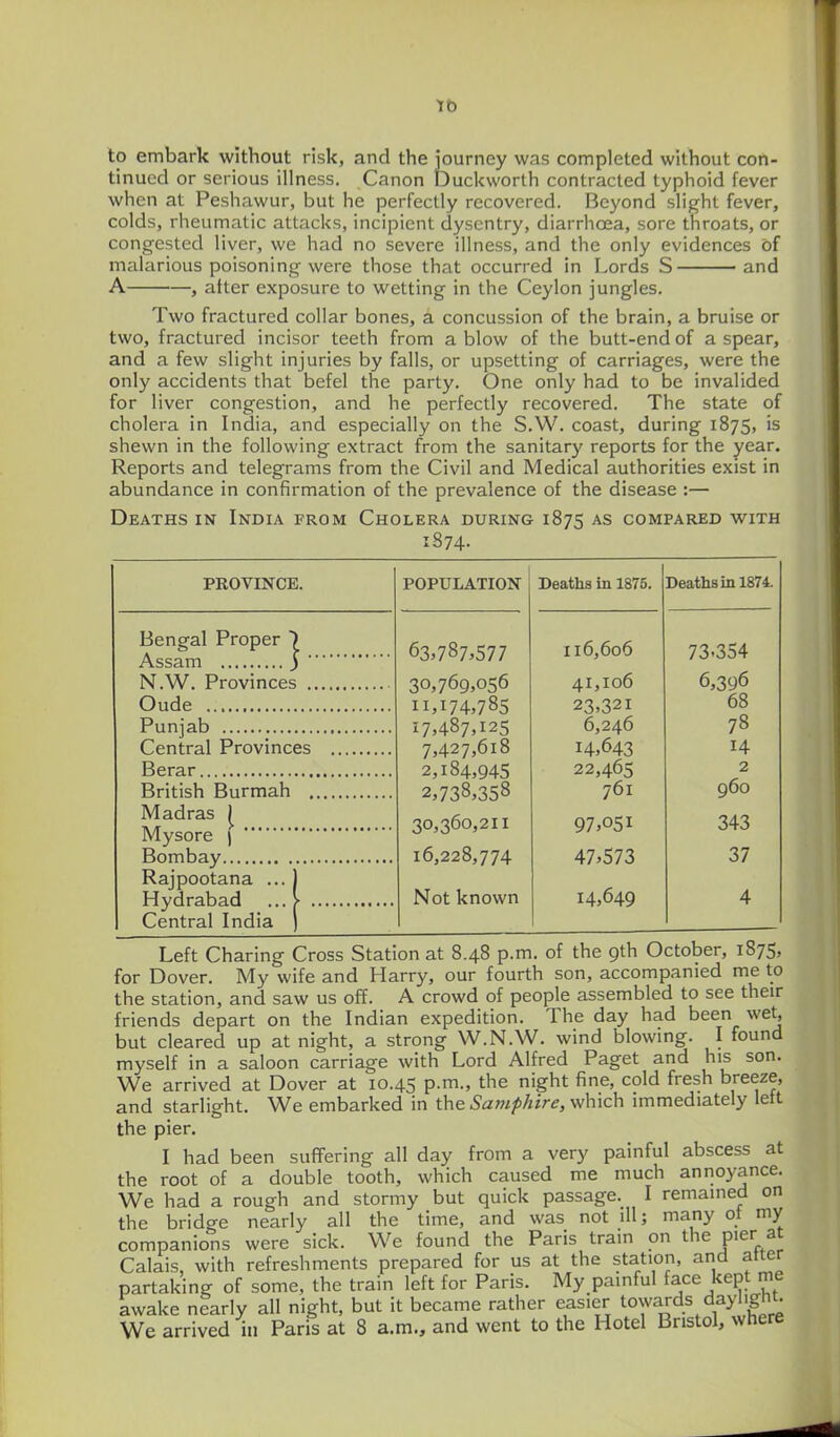 to embark without risk, and the journey was completed without con- tinued or serious illness. Canon Duckworth contracted typhoid fever when at Peshawur, but he perfectly recovered. Beyond slight fever, colds, rheumatic attacks, incipient dyscntry, diarrhoea, sore throats, or congested liver, we had no severe illness, and the only evidences of malarious poisoning were those that occurred in Lords S and A , alter exposure to wetting in the Ceylon jungles. Two fractured collar bones, a concussion of the brain, a bruise or two, fractured incisor teeth from a blow of the butt-end of a spear, and a few slight injuries by falls, or upsetting of carriages, were the only accidents that befel the party. One only had to be invalided for liver congestion, and he perfectly recovered. The state of cholera in India, and especially on the S.W. coast, during 1875, is shewn in the following extract from the sanitary reports for the year. Reports and telegrams from the Civil and Medical authorities exist in abundance in confirmation of the prevalence of the disease :— Deaths in India from Cholera during 1875 as compared with 1874- PROVINCE. Bengal Proper ) Assam ) N.W. Provinces .. Oude Punjab Central Provinces Berar British Burmah ,, Madras ^ Mysore ) Bombay Rajpootana ... j Hydrabad ... > . Central India ) POPULATION Deaths in 1875. Deaths in 1874. 63,787.577 30,769,056 11,174,785 17,487,125 7,427,618 2,184,945 2,738,358 30,360,211 16,228,774 Not known 116,606 41,106 23,321 6,246 14,643 22,465 761 97,051 47,573 14,649 73.354 6,396 68 78 14 2 960 343 37 Left Charing Cross Station at 8.48 p.m. of the 9th October, 1875, for Dover. My wife and Harry, our fourth son, accompanied me to the station, and saw us off. A crowd of people assembled to see their friends depart on the Indian expedition. The day had been wet, but cleared up at night, a strong W.N.W. wind blowing. I found myself in a saloon carriage with Lord Alfred Paget and his son. We arrived at Dover at 10.45 p.m., the night fine, cold fresh breeze, and starlight. We embarked in the Samphire, which immediately left the pier. I had been suffering all day from a very painful abscess at the root of a double tooth, which caused me much annoyance. We had a rough and stormy but quick passage. I remained on the bridge nearly all the time, and was not ill; many of my companions were sick. We found the Paris train on the pier at Calais, with refreshments prepared for us at the station, and atier partaking of some, the train left for Paris. My painful face kept me awake nearly all night, but it became rather easier towa^4^ ^^'I'g^^^^