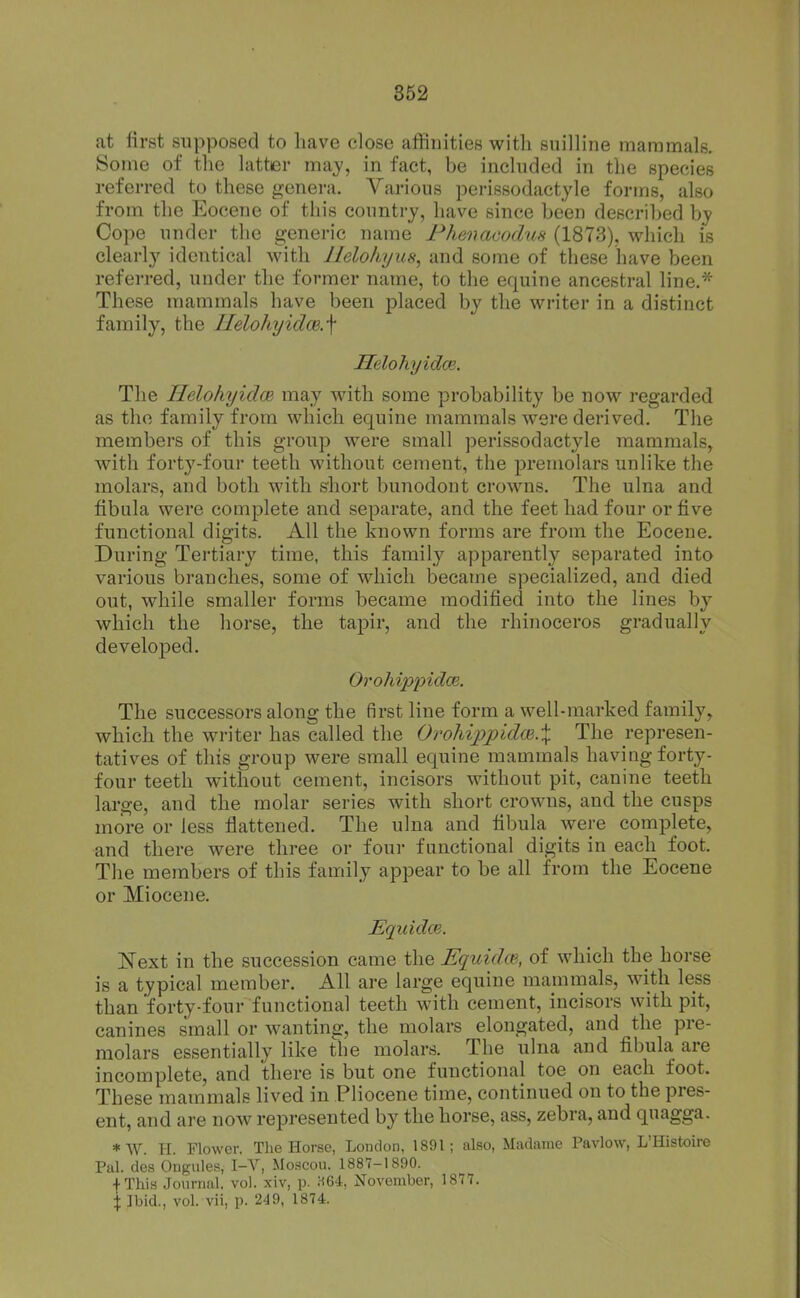 852 at first supposed to have close affinities with suilline mammals. Some of the latter ma.y, in fact, be included in the species referred to these genera. Yarious perissodactyle forms, also from the Eocene of this country, have since been described by Cope under the generic name FhenacoduH (1873), which is clearly identical with Helohyus, and some of these have been referred, under the former name, to the equine ancestral line.* These mammals have been placed by the writer in a distinct family, the IIelohyidce,.\ Helohyidce. The IIelohyid(E may with some probability be now regarded as the family from which equine mammals were derived. The members of this group were small perissodactyle mammals, with forty-four teeth without cement, the premolars unlike the molars, and both with short bunodout crowns. The ulna and fibula were complete and separate, and the feet had four or five functional digits. All the known forms are from the Eocene, During Tertiary time, this family apparently separated into various branches, some of which became specialized, and died out, while smaller forms became modified into the lines by which the horse, the tapir, and the rhinoceros gradually developed. Orohippidoe,. The successors along the first line form a well-marked family, which the writer has called the Orohip])id(E.X The represen- tatives of this group were small equine mammals having forty- four teeth without cement, incisors without pit, canine teeth large, and the molar series with short crowns, and the cusps more or less flattened. The ulna and fibula were complete, and there were three or four functional digits in each foot. The members of this family appear to be all from the Eocene or Miocene. EquidcB. Next in the succession came the Equidm, of which the horse is a typical member. All are large equine mammals, with less than'forty-four functional teeth with cement, incisors with pit, canines small or wanting, the molars elongated, and the pre- molars essentially like the molars. The ulna and fibula are incomplete, and there is but one functional toe on each foot. These mammals lived in Pliocene time, continued on to the pres- ent, and are now represented by the horse, ass, zebra, and quagga. *W. 11. Flower. The Horse, London, 1891; also, Madame Pavlow, L'Histoire Pal. des Ongules, I-V, Moscou. 1887-1890. f This Journal, vol. xiv, p. H64, November, 1877. X Ibid., vol. vii, p. 249, 1874.