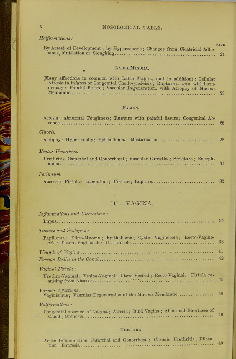 Malformations: PA OB By Arrest of Development; by Hyperechesis ; Changes from Cicatricial Adhe- sions, Mutilation or Sloughing 21 Labia Minora. (Many affections in common with Labia Majora, and in addition) : Cellular Atresia in infants or Congenital Cheilosyncleisis ; Rupture a coilu, with haem- orrhage; Painful fissure; Vascular Degeneration, with Atrophy of Mucous Membrane 23 Hymen. Atresia; Abnormal Toughness; Rupture with painful fissure; Congenital Ab- sence , 26 Clitoris. Atrophy ; Hypertrophy; Epithelioma. Masturbation 28 Meatus Urinarius. Urethritis, Catarrhal and Gonorrhceal; Vascular Growths ; Stricture; Enceph- aloma 31 Perinaum. Abscess; Fistula ; Laceration; Fissure ; Rupture 32 III.—VAGINA. Inflammations and Ulcerations: Lupus 34 Tumors and Prolapses : Papilloma ; Fibro-Myoma ; Epithelioma; Cystic Vaginocele ; Recto-Vagino- cele ; Entero-Vaginocele; Urethrocele 38 Wounds of Vagina 41 Foreign Bodies in the Canal. 43 Vaginal Fistula!: Urethro-Vaginal; Vesioo-Vaginal; Utero-Vesical; Recto-Vaginal. Fistula re- sulting from Abscess 43 Various Affections. Vaginismus; Vascular Degeneration of the Mucous Membrane 4b Malformations : Congenital absence of Vagina ; Atresia; Bifid Vagina ; Abnormal Shortness of Canal; Stenosis 4« Urethra. Acute Inflammation, Catarrhal and Gonorrhceal; Chronic Urethritis; Dilata tion; Enuresis