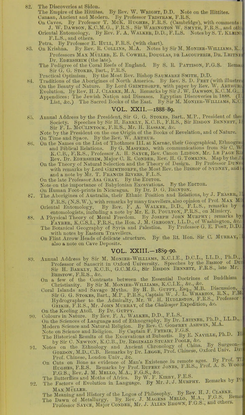 82. The Discoveries at Sidon. The Empire of the lliltites. By Rev. W. Wiught, D.D. Note on the Hittites. Caimau, Aucieut and Modern. Jiy Professor Tkiotkam, F.R.S. Ou Uaves. By I'rofetssor 1'. McK. IJuoheh, I'.U.W. (Canilmdge), with comments J. W. Dawson, K.C.M.G., i'MCiS., Sir Waiungton W. Smyth, F.R.S., and otl. Oriental Entomology. By Bev. E. A. Walkeu, D.D., F.L.S. Notes by fc>. T. Klein E.L.S., and others. Petra. By I'rofciSBor E. Hull, F.R.S. (with chart). K3. Ou Krisliua. By Rev. R. Collins, M. A. Notes by Sir M. Monibr-Williams, K. Professors Max Mullek, E. B. Cowbll, Douglas, de Lacoupeeib, De. Leitnj Dr. EuEUSHEiM (the late). The Pedigree of the Uoral Iteefs of England. By S. R. Pattibon, F.G.S. Rema 8ir G. G. Stokes, Bart., I'.R.S. Practical Optunism. By the Most Rev. Bishop Saumaiikz Smith, D.D. «4. Traditions of the Aborigines of North America. By Rev. S. D. Peet (with illustn On the Beauty of Nature. By Lord Guimthoiu'E, with paper by Rev. W. Aiithuk Evolution. By Rev. H. J. Clauke, M. A. Remarks by Sir J. W. Dawson, K.C.M.G., Appendices: The Jewisli Nation and Diseases. Egyptian Discoveries in ISXS. (1 List, &c.) The Sacred Books of the East. By Sir M. Monieh-Williams, K.(_ VOL. XXII.—1888-89. 8b. Annual Address by the President, Sir G. G. Stokks, Bart.. M.P., President of the Society. Speeches by Sir 11. Bakkly, K.G.B., E.R.S., Su- Risdon Bennett, J Sir F. L. McGlintock, F.R.S., Mr. 11. Rassam, &c. Note by the President on the one Origin of the Books of Revelation, and of Nature. On Time and Space. By the Rev. W. Aktuvk. 8(;. On the Names on the List of Thothmes 111. at Karnac, their Geographical, Ethnogi-n and Biblical Relations. By G. Maspero, with communications from Sir G. AN E. .C.B., F.R.S., Professor A. a. Sayxe, Rev. Canon Liddon, Mr. Le Page R: Rev. Dr. Edersheim, Major G. R. Gonder, Rev. H. G.Tomkins. Mapby the.' On the Theory of Natui-al Selection and the Theory of Design. By Professor DuN^ with remarks by Lord Grimthorpe, the Most Rev. the Bishop of Sydney, and and a note by Mr. T. Francis Rivers, F.L.S. On the late Professor Asa Gray. By the Editor. Note on the importance of Babylonian Excavations. By the Editor. On Human Foot-prints in Nicaragua. By Dr. D. G. Brinton. 87. The Aborigines of Australia, their Ethnic Position and Relations, by J. Fhasbr, ] F. R.S. (N.S.W.), withremarks by many travellers, also opim'on of Prof. Max M Oriental Entomology. By Rev. F. A. Walker, D.D., F.L.S., remarks by entomologists, including a note by Mr. E. B. Poulton, P.R.S., on Mmiicry. 8S. A Physical Theory of Moral Freedom. By Joseph John Murphy : remarks b} Fayrer, K.C.S.I., F.R.S., the Hon. J. M. Gregory, LL.D., of Washington, &c. The Botanical Geography of Sp-ia and Palestine. By Professor-G. E. Post, D.D. with notes by Eastern Travellers. On Flint Arrow Heads of delicate structure. By the Rt. Hon. Sir G. Murray, also a note on Gave Depo.sits. VOL. XXIII.-1889-90. 89. Annual Addi-ess by Sir M. Monier-Williams, K.G.LE., D.C.L., LL.D., Ph.D., Professor of Sanscrit in Oxford University. Speeches by the Bishop of _Ui Sir H. Barkly, K.G.B., G.G.M.G., Sk Risdon Bennett, F.R.S., late Mr. Bristow, F.R.S., &c. ^ . r -D -uv • On a few of the Contrasts between the Essential Doctrmes of iiuddhism Ghi-istianity. By Sir M. Monier-Williams, K.G.I.E., &c., &c. Coral Islands and Savage Myths. By H. B. Guppy, Esq., M.B. Discussion,^ Su- G. G. STOiiEs, Bart., M.P., P.R.S., Captain W. J. L. Wharton, R.N l.K. Hydrographer to the Admiraltv, Mr. W. H. Hudleston, F.R.S Professor Geikus, F.R.S., Mr. John Murray, of the Clialkiujtr Expedition, kQ-. On the Keeling Atoll. By Dr. Guppy. •Kl. Golom-s in Nature. By Rev. F. A. Walicbr, D.D., F.L.S. tt n On the Sciences of Language and of Ethnography. By Dr. Leitner, i h.U Modern Science and Natural Religion. By Rev. G. Godfrey Ashwin, M.A. Note on Science and Religion. By Captain F. Petrie, F.G.S. -pi n -Er The Historical ResiUts of the Excavations at Bubastis. By E. Naville, Ji'li.Li. i:'J> by Sir G. Newton, K.G.B., Dr. Reginald Stuart Poole, &c. 91. Notes on the Ethnology and Ancient Chronology of China. By buigeon- GORDON, M.D., C.B. Remarks by Dr. Legge, Prof. Chinese, Oxford Umv. u\ Prof. Chinese, London Univ., &c. tj p f T On Guts on Bone as evidence of Man's Existence iu remote ages. Jiy f^ioi. 1 Hughes, F.R.S. liemarks by Prof. Rupert Jones, F.R.S., Prof. A. b. w 00 F.G.S., Rev. J. M. Mello, M.A., F.G.S., &c. The Butterflies and Moths of Africa. By W. F. Kirby F.E.S. , p !)2. The Factors of Evolution in Language. By Mr. J.J. Muki-hy. Remaiks by 1 MaxMuLLER. „ f Pt A-pvi; The Meaning and History of the Logos of PllllosophJ^ By Rev. H. J-y,^^'^^: The Dawn of Metallurgy. By Rev. J. Magens Mello, M.A^, f,;J Professor Sayce, Major Gonder, Mr. J. Allen Brown, F.G.S., and otntis..