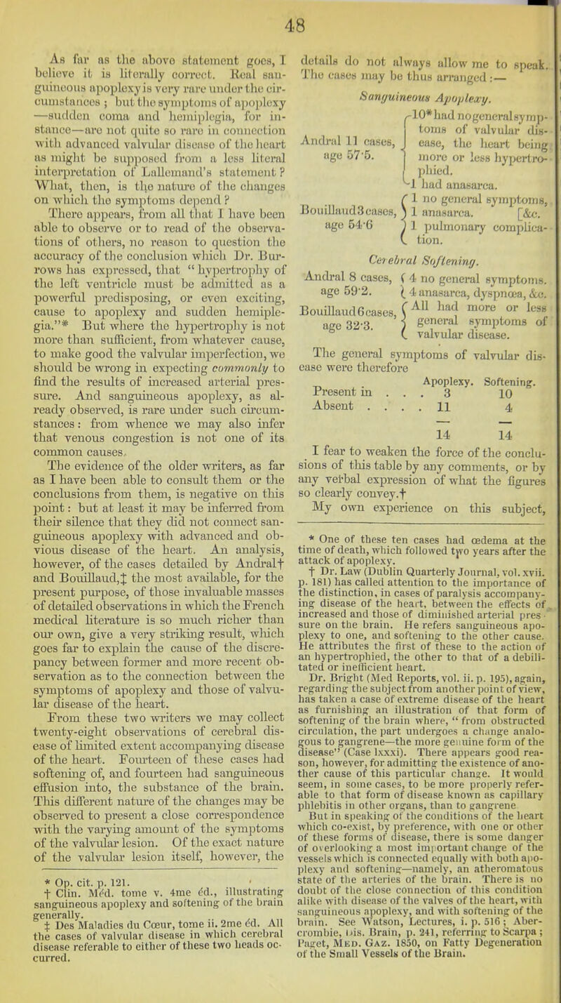As far as the above Btatoment goes, I boliovo it is litorally conr(!t. Real sau- guinoous apoplexy is very rare under the eir- cuuistaiicos ; but the symptoms of a))oplexy —sudden coma and lieniiplegia, for in- stance—ai'o not quite so rare in eonucetion with advanced valvidar disease of tlio lieoi-t as miglit be supposed from a less Uteral interpretation of Lallemantl's statement ? Wliat, then, is tlio nature of tiie changes on which tlie symploms dejiend H There appcar-s, from all that 1 have been able to observe or to read of tlie observa- tions of others, no reason to question the accuracy of the conclusion which Dr. Bur- rows has expressed, that  hyiiertro]ihy of the left ventricle must be admitted as a powei'fal predisposing, or even exciting, cause to apoplexy and sudden hemiple- gia.* But where the hypertrophy is not more than sufficient, from whatever cause, to make good the valvular imperfection, we should be wrong in expecting commonly to find the results of mcreased arterial pres- sure. And sanguineous apoplexy, as al- ready observed, is rare \mder such cu'cum- stances: from whence we may also infer that venous congestion is not one of its common causes,. The evidence of the older writers, as far as I have been able to consult them or the conclusions from them, is negative on this point: but at least it may be inferred fi-om their silence that they did not connect san- guineous apoplexy with advanced and ob- vious disease of the heart. An analysis, however, of the cases detailed by Andralf and Boiullaud,J the most available, for the present purpose, of those invaluable masses of detailed obsei-vations in which the French medical hteratm-e is so much richer than our own, give a very striking result, wliich goes far to explain the caiise of the discre- pancy between former and more recent ob- servation as to the connection between the symptoms of apoplexy and those of valvu- lar disease of the heart. From these two writers we may collect twenty-eight observations of cerebral dis- ease of hmited extent accompanying disease of the heart. Fom-teen of these cases had softening of, and fourteen had sanguineous effusion into, tlie substance of the brain. This different natui-e of the changes may be observed to present a close correspondence with the varying amomit of the symptoms of the valvular lesion. Of the exact nature of the valvular lesion itself, however, the * Op. cit. p. 121. t Clin. M(^d. tome v. 4me M., illustrating san^neous apoplexy and softening of the brain generally. .. % Des Maladies du Coenr, tome n. 2me od. All the cases of valvular disease in which cerebral disease referable to either of these two heads oc- curred. details do not always allow me to speak. The cases may bo thus ari'anged :— Sant/uineom Ajniplexy. /-10*liad nogeneralsyrn])- tonis of viilvukr dis- Andral 11 cases, J ease, the heart being age 57'5. j more or less hypertro- phied. ^1 liad anasarca. r 1 no general symptoms, Bouillaud3cases, ) 1 anasarca. [&c. age 54-C ) 1 pulmonary compUca- (. tion. Cerebral Softening. Andral 8 cases, ( 4 no general symptoms age 59-2. B ouillaud 6 cases age 32-3 ( 4 anasarca, dyspnaa, &x;. All had more or less general symptoms of valvular disease. 1 The general symptoms of valvular dis- ease were therefore Apoplexy. Softening. Present in ... 3 lo Absent .... 11 4 14 14 I fear to weaken the force of the conclu- sions of tliis table by any comments, or by any vel-bal expression of what the figure's so clearly couvey.f My own experience on this subject, * One of these ten cases had oedema at the time of death, which followed two years after the attack of apoplexy. t Dr. Law (Dublin Quarterly Journal, vol. xvii. p. 181) has called attention to the importance of the distinction, in cases of paralysis accompany- ing disease of the heact, between the effects of increased and those of diminished arterial pres sure on the brain. He refers sanguineous apo- plexy to one^ and softening to the other cause. He attributes the first of these to the action of an hypertrophied, the other to that of a debili- tated or inelficient heart. Dr. Bright (Med Reports, vol. ii. p. 195), again, regarding the subject from another point of view, has taken a case of extreme disease of the heart as furnishing an illustration of that form of softening of the brain where,  from obstructed circulation, the pai-t undergoes a chiinge analo- gous to gangrene—the more genuine form of the disease (Case I.vxxi). There appears good rea- son, however, for admitting the existence of ano- ther cause of this particular change. It would seem, in some cases, to be more properly refer- able to that form of disease known as capillary phlebitis in other organs, than to gangrene But in speaking of the conditions of the heart which co-pxist, by preference, with one or other of these forms of disease, there is some danger of overlooking a most iui| ortant change of the vessels which is connected equally with both apo- plexy and softening—namely, an atheromatous state of the arteries of the brain. There is no doubt of the close connection of this condition alike with disease of the valves of the heart, witli sanguineous apoplexy, and with softening of the brain. See M'atson, Lectures, i. p. 516 ; Aber- crombie, i>is. Brain, p. 241, referrn\g to Scar^)a ; I'aset, Med. Gaz. 1850, on Fatty Degeneration of the Small Vessels of the Brain.