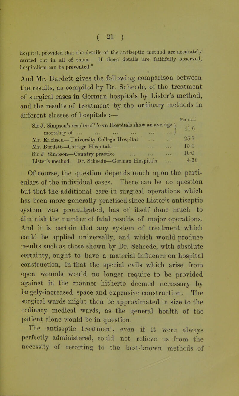 hosjiital, provided that the details of the antiseptic method are accurately- carried out in all of them. If these details are faithfully observed, hospitalism can be prevented, « And Mr. Burdett gives the following comparison between the results, as compiled by Dr. Scheede, of the treatment of surgical cases in German hospitals by Lister's method, and the results of treatment by the ordinary methods in different classes of hospitals : — Per cent. Sir J, Simpson's results of Town Hospitals show an average ) ^ mortality of ... ... ... ••• ••• ... j Mr. Erich sen—University College Hospital ... ... 25*7 Mr. Burdett—Cottage Hospitals 15 0 Sir J. Simpson—Country practice ... ... ... lO'O Lister's method. Dr. Scheede—German Hospitals ... 4-36 Of course, the question depends much upon the parti- culars of the individual cases. There can be no question but that the additional care in surgical operations which has been more generally practised since Lister's antiseptic system was promulgated, has of itself done much to diminish the number of fatal results of major operations. And it is certain that any system of treatment which could be applied universally, and which would produce results such as those shown by Dr. Scheede, with absolute certainty, ought to have a material influence on hospital construction, in that the special evils which arise from open wounds would no longer require to be provided against in the manner hitherto deemed necessary by largely-increased space and expensive construction. The surgical wards might then be approximated in size to the ordinary medical wards, as the general health of the patient alone would be in question. The antiseptic treatment, even if it were alwavs perfectly administered, could not relieve us from the necessity of resorting to the best-known methods of