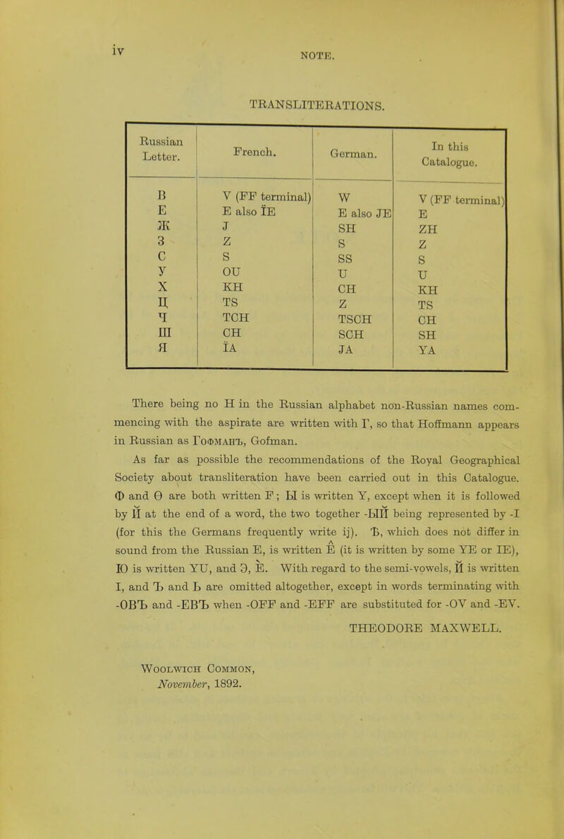 NOTE. TRANSLITERATIONS. Russian lu this Catalogue. Letter. French. German. B V (FF terminal) W V (FF terminal) E E also IE E also JE E JK J SH ZH 3 Z S Z C s SS S y ou U U X KH CH KH n TS Z TS TCH TSCH CH m CH SCH SH a lA JA YA There being no H in the Russian alphabet non-Russian names com- mencing with the aspirate are written with T, so that Hoffmann appears in Russian as ro<i)MAin), Gofman. As far as x^ossible the recommendations of the Royal Geographical Society about transliteration have been carried out in this Catalogue. O and 0 are both written P; bl is written Y, except when it is followed by H at the end of a word, the two together -bill being represented by -I (for this the Germans frequently write ij). B, which does not differ in A sound from the Russian E, is written E (it is written by some YE or IE), 10 is written YU, and 9, E. With regard to the semi-vowels, H is written I, and It and b are omitted altogether, except in words terminating with -OB'b and -EBTb when -OFF and -EFF are substituted for -OV and -EV. THEODORE MAXWELL. WooLvncH Common, November, 1892.