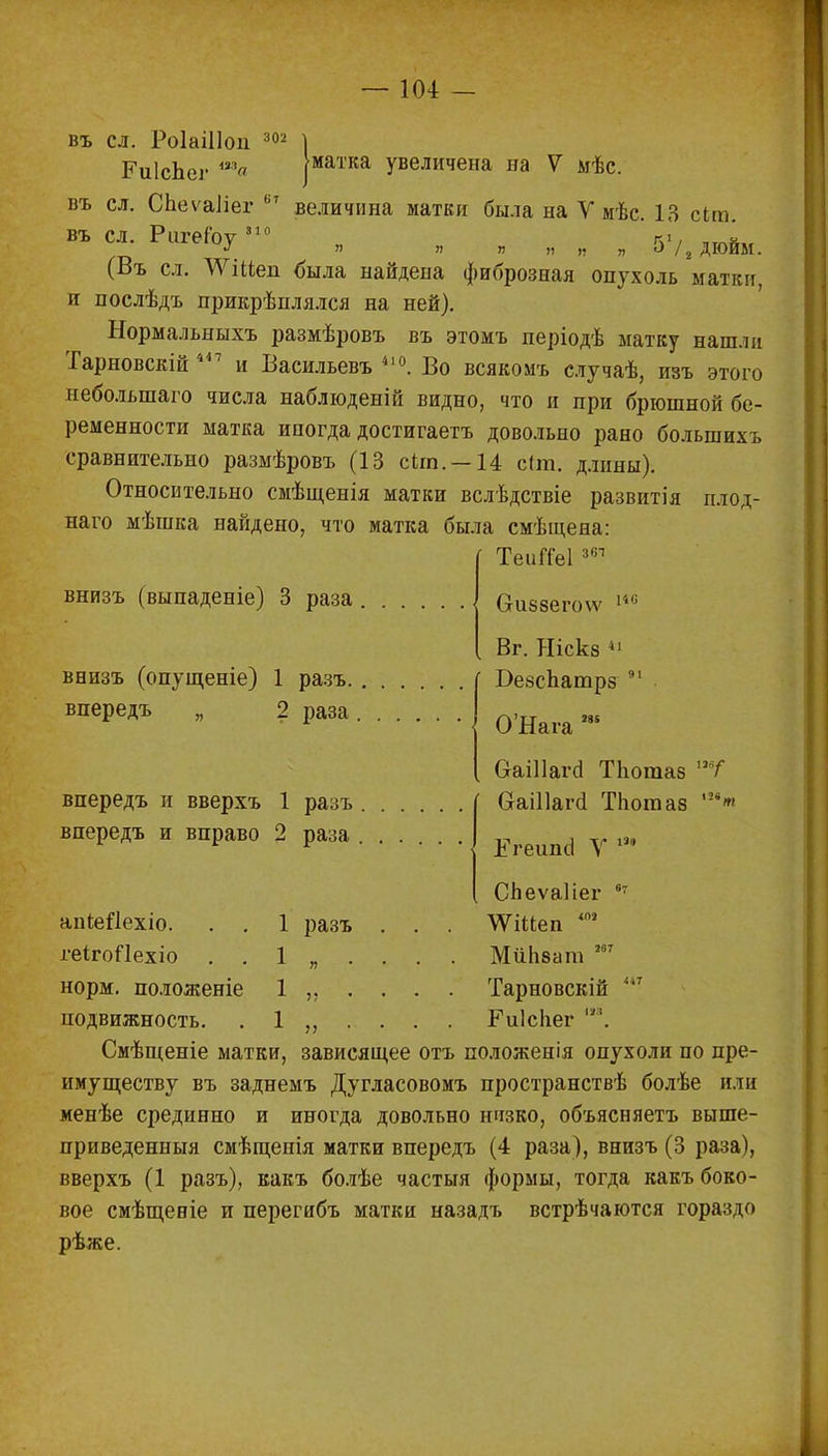въ сл. Роіаіііоп 302 РиІсЬег ш« [матка увеличена на V мѣс. въ сл. СЬеѵаІіег 67 величина матки была на У мѣс. 13 сіт въ сл. Ригейу' „ „ „ я я , 5'/2 дюйм. (Въ сл. ЛУШеп была найдена фиброзная опухоль матки, и послѣдъ прикрѣплялся на ней). Нормальныхъ размѣровъ въ этомъ періодѣ матку нашли Тарновскій * и Басильевъ 41°. Во всякомъ случаѣ, изъ этого неболыпаго числа наблюденій видно, что и при брюшной бе- ременности матка иногда достигаете довольно рано болынихъ сравнительно размѣровъ (13 сіт. —14 с(т. длины). Относительно смѣщенія матки вслѣдствіе развитія плод- наго мѣшка найдено, что матка была смѣщена: ТеиГГеІ 3,п внизъ (выпаденіе) 3 раза веизъ (опущеніе) 1 разъ. впередъ „ 2 раза впередъ и вверхъ 1 разъ впередъ и вправо 2 раза Сги88егоѵѵ 146 Вг. Ніскз 41 Ве8сЬатр& 91 О'Нага 285 О-аШагсІ ТЬотаз Сгаіііаічі ТЪотаз 158. апіеЙехіо. . . геігоИехіо . . норм, положеніе подвижность. 1 разъ 1 , • 1 „ • 1 „ • Егешні \ СЬеѵаІіег 67 ѴПіІеп 403 Мйпват 207 Тарновскій 4 Риісііег '. Смѣщеніе матки, зависящее отъ положенія опухоли по пре- имуществу въ заднемъ Дугласовомъ пространствѣ болѣе или менѣе срединно и иногда довольно низко, объясняете выше- приведенныя смѣщенія матки впередъ (4 раза), внизъ (3 раза), вверхъ (1 разъ), какъ болѣе частыя формы, тогда какъ боко- вое смѣщееіе и перегибъ матки назадъ встрѣчаются гораздо рѣже.