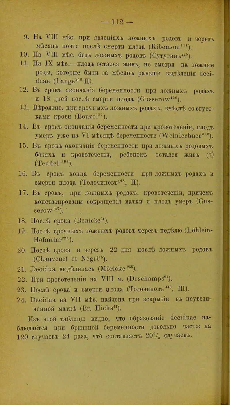 9. На ѴШ мѣс. при явленіяхъ ложныхъ родовъ и черезъ мѣсяцъ почти послѣ смерти плода (КіЬетоін818). 10. На ѴШ мѣс. безъ ложныхъ родовъ (Сутугинъ*4*). 11. На IX мѣс.—плодъ остался живъ, не смотря на ложные роды, которые были за мѣсяцъ раньше выдѣленія сіесі- сіиае (Ьаиде806 П). 12. Въ срокъ окончанія беременности при ложныхъ родахъ и 18 дней послѣ смерти плода (Сгіі88его\ѵ146). 13. Вѣроятно, нрисрочныхъ ложныхъ родахъ, вмѣстѣ со сгуст- ками крови (Вои/оі37). 14. Въ срокъ окончанія беременности при кровотеченіи, плодъ умеръ уже на VI мѣсяцѣ беременности (ѴУеіпІесЪнег389). 15. Въ срокъ окончанія беременности при ложныхъ родовыхъ боляхъ и кровотеченіи, ребенокъ остался живъ (?) (ТеипеІ з67). 16. Въ срокъ конца беременности при ложныхъ родахъ и смерти плода (Толочиновъ4*8, П). 17. Въ срокъ, при лолшыхъ родахъ, кровотеченіи, причемъ констатированы сокращенія матки и плодъ умеръ (в-ив- 8его\ѵ147). 18. Послѣ срока (Вепіске24). 19. Послѣ срочныхъ ложныхъ родовъ черезъ недѣлю (ЬбЫеіп- Ноі*теіег227 ). 20. Послѣ срока и черезъ 22 дня послѣ ложныхъ родовъ (Спаиѵепе* е* ^§ті'5). 21. ДЭесісІиа выдѣлилась (Мбгіске 235). 22. Бри кровотеченіи на ѴШ м. (Бебсііатрб91). 23. Послѣ срока и смерти цлода (Толочиновъ448, Ш). 24. Бесіаиа на VII мѣс. найдена при вскрытіи въ неувели- ченной маткѣ (Вг. Ніскз41). Изъ этой таблицы видно, что образованіе аесігіиае па- блюдаётся при брюшной беременпости довольно часто: на 120 случаевъ 24 раза, что составляешь 20% случаевъ.