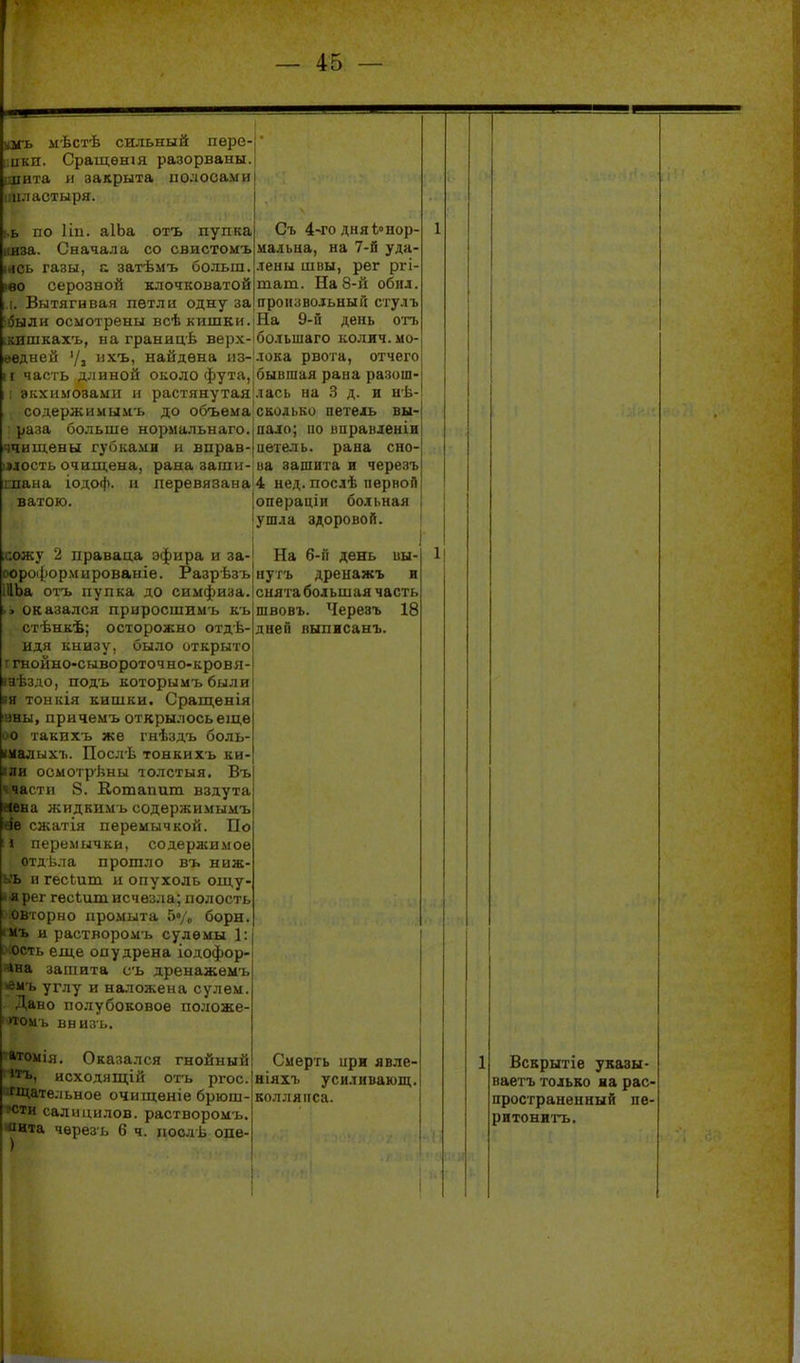 ішъ мѣстѣ сильный ііере-[ ики. Сращѳнш разорваны.! ідіита и закрыта полосами іііі.іастыря. I по 1І11. аІЬа отъ пупка .1. Сначала со свистомъ (ись газы, а затѣмъ больш. [іво серозной клочковатой I. Вытягивая петли одну за ібыли осмотрены всѣ кишки.і ікишкахъ, на границѣ верх-і иней Ѵз и'^'ь, найдена из-' И часть длиной около фута,I I [ акхимозаміі и растянутая' , содержимымь до объема раза больше нормальнаго. •ччищены губками и вправ-| )Мость очищена, рана заши- шаиа іодоф. и перевязана ватою. опсу 2 ираваца офира и за- I ц|юрмцрованіе. Разрѣзъ іІЬа оа-ь пупка до симфиза. >> оказался приросшимъ къ , стѣнкѣ; осторожно отдѣ- идя книзу, было открыто г гнойно-сывороточно-кровя- анѣздо, подъ которымъбыли »я тонкія кишки. Сраш,енія аны, причемъ открылось еще 00 такихъ же гнѣздъ боль- «малыхъ. Послѣ тонкихъ ки- ли оомотрѣны толстый. Въ •і ти 8. Бошапцщ вздута . ісііц мсидкнмъ содержимымъ ае сжатія перемычкой. По и перемычки, содержи.мое отдѣла прошло въ ниж- ь II гесЬит и опухоль ощу- іг гесіит исчѳз.ча; полость іорно промыта Г)»/о борн. и раствороліъ сулемы 1:| ть еще опудрена іодофор- іма зашита с'ь дренажемъ іеи-ь углу и наложена сулем. Дано полубоковое по;іоже- •тоиъ внизь. •атомія. Оказался гнойный ■ь, исходящій от'ь ргос. гщате.]ьное очищѳніе брюш- ' 'и салицнлов. растворомъ. ча чѳрезь 6 ч. посяѣ опе- Съ 4-го дня Ь» нор- мальна, на 7-й уда- лены швы, рег ргі- шаш. На 8-й обил. ігронзвол:ьный стулъ На 9-и день оть большего колич. мо- лока рвота, отчего бывшая рана разош- лась на .3 д. и не- сколько петель вы- пало; по ішравденіи петель, рана сно- ва зашита и чере.зъ 4 нед. послѣ первой операціи больная ушла здоровой. На 6-Гі день иы- нугъ дренажъ и снята большая часть швовъ. Черезъ 18 дней выписанъ. Смерть при явле- ніяхт. усиливающ, колляііса. 1 Вскрытіе указы- ваетъ только аа рас- пространенный пе- ритонитъ.