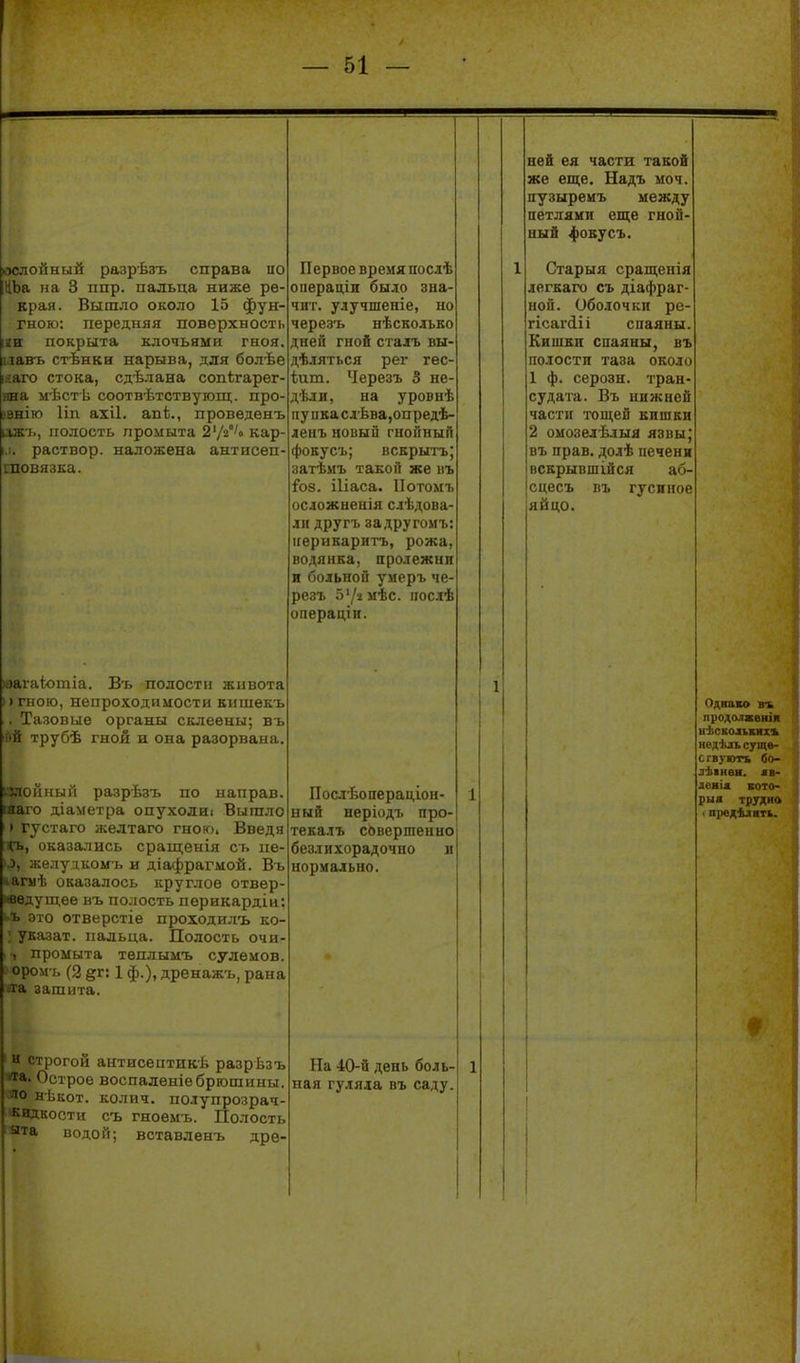 кзслойный разрѣзъ справа по ЦЬа на 3 ппр. пальца ниже ре- края. Вышло около 15 фун- гною: передняя поверхность ни покрыта клочьями гноя, іпъ стѣнки нарыва, для болѣе ^ стока, сдѣлана сопѣгарег- іша мѣстѣ соотвѣтствугощ. про- івнію 1ІП ахіі. апі., проведенъ ажъ, полость промыта 2'/2°'» кар- раствор. наложена аытисеп- товязка. )аг;і.іотіа. Въ полости живота )) гиою, непроходимости кишекъ Тазовые органы склеены; въ г>й трубѣ гной и она разорвана. Цжйиый разрѣзъ по направ. НБх> діаметра опухолиі Выгало ' I густаго желтаго гною. Введя Хъ, оказались сращенія съ ііѳ- 1.5, желудкомъ и діафрагмой. Въ ''мѣ оказалось круглое отвер- ну щее въ полость перикардіи: .ъ это отверстіе проходилъ ко- ; указат. пальца. Полость очы- ■, промыта тѳплымъ сулемов. оромъ (2 §г: 1 ф.), дренажъ, рана ла зашита. і и строгой антисептикѣ разрѣзъ «та. Острое воспаленіе брюшины. •10 нѣкот. колич. по.тупрозрач- 'дкости съ гноемъ. Полость а. водой; вставленъ дрѳ Первое время посчѣ оііераціи было зна- чит, улучшеніе, но черезъ нѣскоіько дней гной сталь вы- дѣ.іяться рег тес- нит. Черезъ 3 не дѣли, па уровнѣ пупЕаслѣва,опредѣ- ленъ новый гнойный фокусъ; вскрыть; затѣмъ такой же въ ^оз. іііаса. Потомь осложненія слѣдова ли другъ задругоиъ ііерикаритъ, рожа, водянка, пролежни и больной умеръ че- резъ 5'/г мѣс. послѣ операціи. Послѣопераціон- ный неріодъ про текалъ сбвершенно безлихорадочно и нормально. На 40-й день боль- ная гуляла въ саду ней ея части такой же еще. Надь моч. пузыремъ между петлями еще гной- ный фокусъ. Старыя сращенія легкаго съ діафраг- ной. Оболочки ре- гісагііі спаяны. Кишки спаяны, въ полости таза около 1 ф. серозн. тран- судата. Въ нижней части тощей кишки 2 омозелѣлыя язвы; въ прав, долѣ печени вскрывшійся аб- сцесъ въ гусиное яйцо. Однако въ продолхвиіи иѣскольвяхъ нед-іиь сущв- сгвують бо- лѣінвн. яя- леніа вото- рыа трудна предѣдпі.