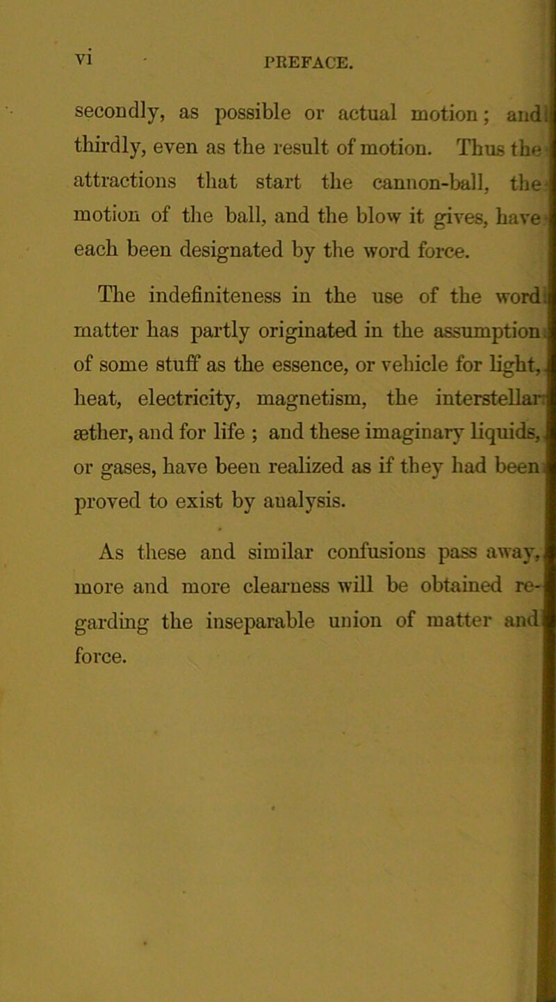 secondly, as possible or actual motion; and! thirdly, even as the result of motion. Thus the> attractions that start the cannon-ball, the* motion of the ball, and the blow it gives, have* each been designated by the word force. The indefiniteness in the use of the word: matter has partly originated in the assumption, of some stuff as the essence, or vehicle for light,. heat, electricity, magnetism, the interstellar: aether, and for life ; and these imaginary liquids,, or gases, have been realized as if they had been, proved to exist by aualysis. As these and similar confusions pass away, more and more clearness will be obtained re- garding the inseparable union of matter and force.