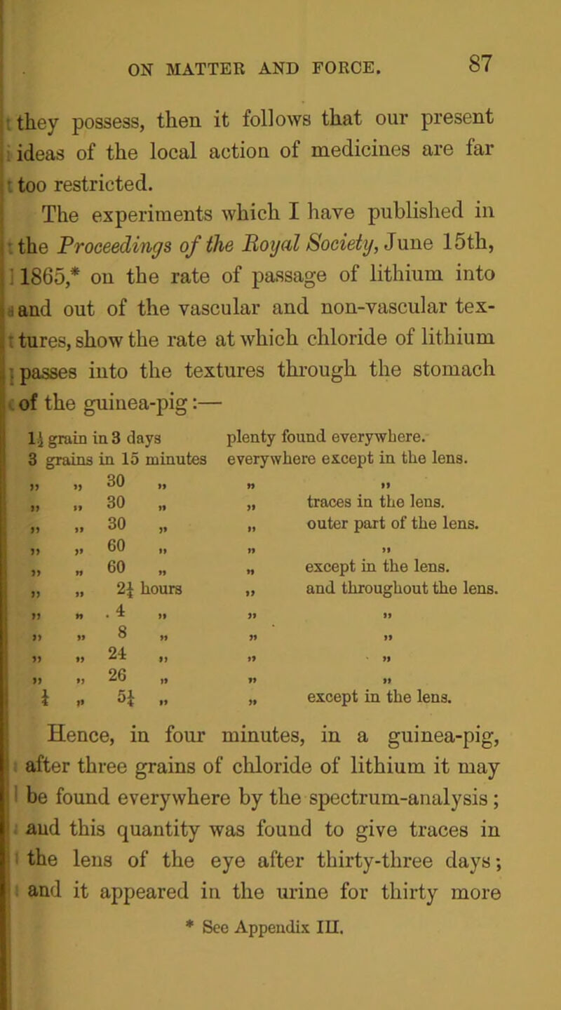 : they possess, then it follows that our present ideas of the local action of medicines are far t too restricted. The experiments which I have published in the Proceedings of the Royal Society, June 15th, ] I860* on the rate of passage of lithium into j and out of the vascular and non-vascular tex- t tures, show the rate at which chloride of lithium ; passes into the textures through the stomach of the guinea-pig:— 1} grain in 3 days plenty found everywhere. 3 grains in 15 minutes everywhere except in the lens. » „ 30 tt n tt 11 „ 30 tt 11 traces in the lens. 11 „ 30 !• it outer part of the lens. 11 „ 60 It tt >1 11 „ 60 It tt except in the lens. 9) „ 2J hours it and throughout the lens. 11 * .4 O If it tt 11 11 it Q „ 24 It It it tt tt tt 11 „ 26 It tt tt i , 5* It it except in the lens. Hence, in four minutes, in a guinea-pig, after three grains of chloride of lithium it may I be found everywhere by the spectrum-analysis; and this quantity was found to give traces in the lens of the eye after thirty-three days -, and it appeared in the urine for thirty more * See Appendix III.