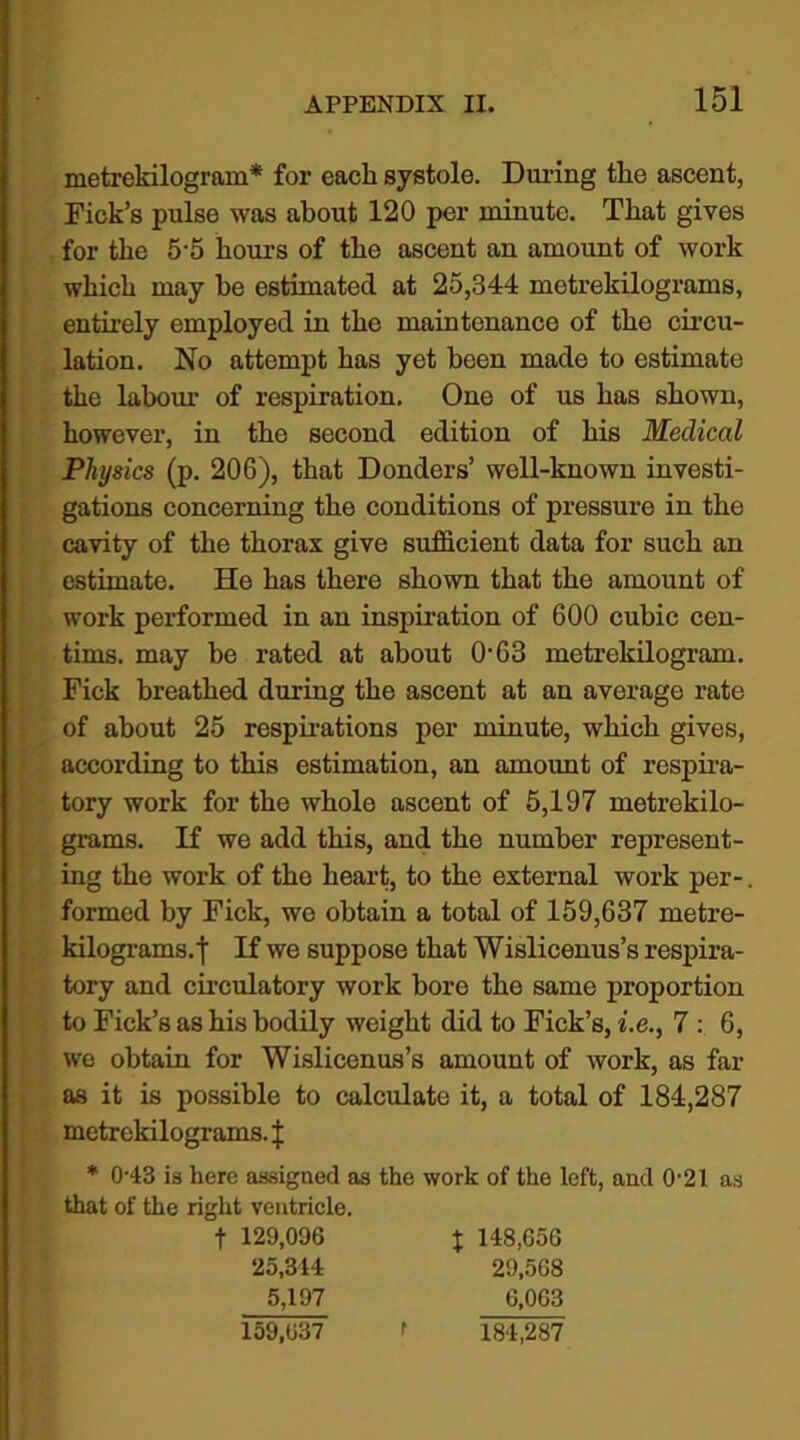 metrekilogram* for each systole. During the ascent, Fick’s pulse was about 120 per minute. That gives for the 5-5 hours of the ascent an amount of work which may he estimated at 25,344 metrekilograms, entirely employed in the maintenance of the circu- lation. No attempt has yet been made to estimate the labour of respiration. One of us has shown, however, in the second edition of his Medical Physics (p. 206), that Donders’ well-known investi- gations concerning the conditions of pressure in the cavity of the thorax give sufficient data for such an estimate. He has there shown that the amount of work performed in an inspiration of 600 cubic cen- tims. may be rated at about 0'63 metrekilogram. Fick breathed during the ascent at an average rate of about 25 respirations per minute, which gives, according to this estimation, an amount of respira- tory work for the whole ascent of 5,197 metrekilo- grams. If we add this, and the number represent- ing the work of the heart, to the external work per-. formed by Fick, we obtain a total of 159,637 raetre- kilograms.f If we suppose that Wislicenus’s respira- tory and circulatory work bore the same proportion to Fick’s as his bodily weight did to Fick’s, i.e., 7 : 6, we obtain for Wislicenus’s amount of work, as far as it is possible to calculate it, a total of 184,287 metrekilograms. \ * 043 is here assigned as the work of the left, aud O'21 as that of the right ventricle. t 129,096 x 148,656 25,344 5,197 29,568 6,063 159,637 184,287