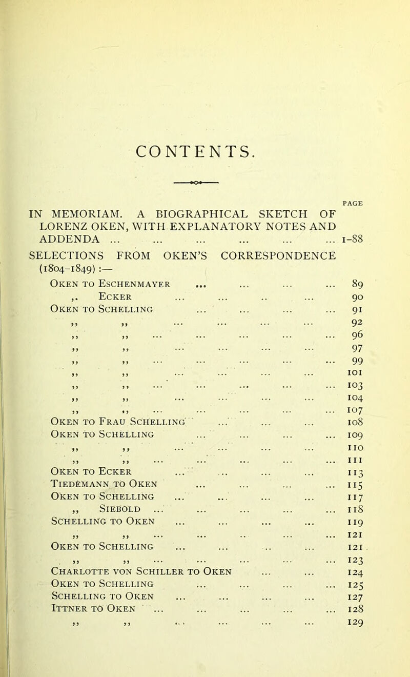 CONTENTS. PAGE IN MEMORIAM. A BIOGRAPHICAL SKETCH OF LORENZ OKEN, WITH EXPLANATORY NOTES AND ADDENDA ... 1-88 SELECTIONS FROM OKEN’S CORRESPONDENCE (1804-1849) Oken TO Eschenmayer 89 Ecker 90 Oken TO ScHELLiNG 91 >5 >> 92 J> )> 96 >) j, ... ... 97 >> jj ... ... ... 99 )) )) ... lOI } > >» • • • • • • - • • 103 >> j, 104 ») •> ••• 107 Oken to Frau Schelling 108 Oken to Schelling 109 99 9 f no 9 9 9 9 111 Oken to Ecker ... II3 Tiedemann to Oken II5 Oken to Schelling II7 ,, SlEBOLD II8 Schelling TO Oken II9 99 99 121 Oken TO Schelling I2I 99 99 123 Charlotte von Schiller to Oken 124 Oken TO Schelling 125 Schelling TO Oken 127 Ittner to Oken 128 9 9 9 9 «• ' 129