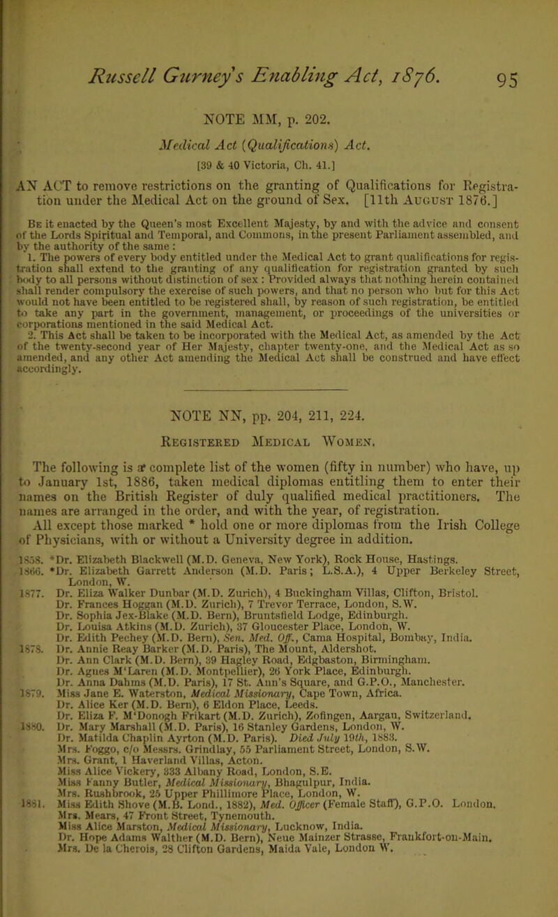 NOTE MM, p. 202. Medical Act {QualiJicationn) Act. (39 & 40 Victoria, Ch. 41.] AN ACT to remove i-estrictions on the granting of Qualifications for Registra- tion under the Medical Act on the ground of Sex. [11th August 1876.] Be it enacted by the Queen's most Excellent Majesty, by and with the advice and consent of the Lords Spiritual and Temporal, and Commons, in the present Parliament assembled, and by the authority of the same : 1. The powers of every body entitled under the Medical Act to grant qualifications for regis- tration shall extend to the granting of any qualification for registration granted by sucli b<xly to all persons without distinction of sex : Provided always that nothing herein contained shall render compulsory the exercise of such powers, and that no person who but for this Act would not have been entitled to be registered shall, by reason of such registration, be entitlecl to take any part in the government, management, or proceedings of the universities or corporations mentioned in the said Medical Act. 2. This Act shall be taken to be incorporated with the Medical Act, as amended by the Act of the twenty-second year of Her Majesty, chapter twenty-one, and the Medical Act as so amended, and any other Act amending the Medical Act shall be construed and have efi'ect accordingly. NOTE NN, pp. 204, 211, 224. Registered Medical Women, The following is af complete list of the women (fifty iu number) who have, up bi January 1st, 1886, taken medical diplomas entitling them to enter their names on the British Register of duly qualified medical practitioners. The names are arranged in the order, and with the year, of registration. All except those marked * hold one or more diplomas from the Irish College of Physicians, with or without a University degi’ee in addition. ISOS. *Dr. Elizabeth Blackwell (M.D. Geneva. New York), Rock House, Hastings. IStiO. *Dr. Elizabeth Garrett Anderson (M.D. Paris; L.S.A.), 4 Upper Berkeley Street, London, W. 1.S77. Dr. Eliza Walker Dunbar (M.D. Zurich), 4 Buckingham Villas, Clifton, Bristol. Dr. Frances Hoggan (M.D. Zurich), 7 Trevor Terrace, London, S.W. Dr. Sophia Je.x-Blake (M.D. Bern), Bruntsfleld Lodge, Edinburgh. Dr. Louisa Atkins (M.D. Zurich), 37 Gloucester Place, London, W. Dr. Edith Pechey (.M.D. Bern), Sen. Med. Off., Cama Hospital, Bombay, India. 1873. Dr. Annie Reay Barker (OLD. Paris), The Mount, Aldershot. Dr. Ann Clark (M.D. Bern), 39 Hagley Road, Edgbaston, Birmingham. Dr. Agnes M'Laren (M.D. Montpellier), 26 York Place, Edinburgh. Dr. Anna Dahins (M.D. Paris), 17 St. Ann’s Square, and G.P.O., Manchester. 1879. Miss Jane E. Waterston, Medical MUsUmary, Cape Town, Africa. Dr. Alice Ker (M. D. Bern), 6 Eldon Place, Leeds. Dr. Eliza F. M'Donogh Frikart(M.D. Zurich), Zofingen, Aargan, Switzerland. 1380. Dr. Mary Marshall (M.D. Paris), 16 Stanley Gardens, London, W. Dr. Matilda Chaplin Ayrton (M.D. Paris). Died July liHh, 1883. Mrs. Foggo, c/o Messrs. Grindlay, 55 Parliament Street, London, S.W. Mrs. Grant, 1 Haverland Villas, Acton. Miss Alice Vickery, 833 Albany Road, London, S.E. Miss Fanny Butler, Medical Miseio'nary, Bhagulpur, India. Mrs. Rushbrook, 25 Upper Phillimore Place, London, W. 1881. Mi.ss Edith Shove (M.B. Lond., 1882), Med. Officer (Female Staff), G.P.O. London. Mrs. Mears, 47 FYont Street, Tynemouth. Miss Alice Marston, Medical Missionary, Lucknow, India. Dr. Hope Adams Walther(M.D. Bern), Neuc Mainzer Strasse, Frnnkfort-ou-Main. Mrs. De la Cherois, 28 Clifton Gardens, Maida Vale, London W.