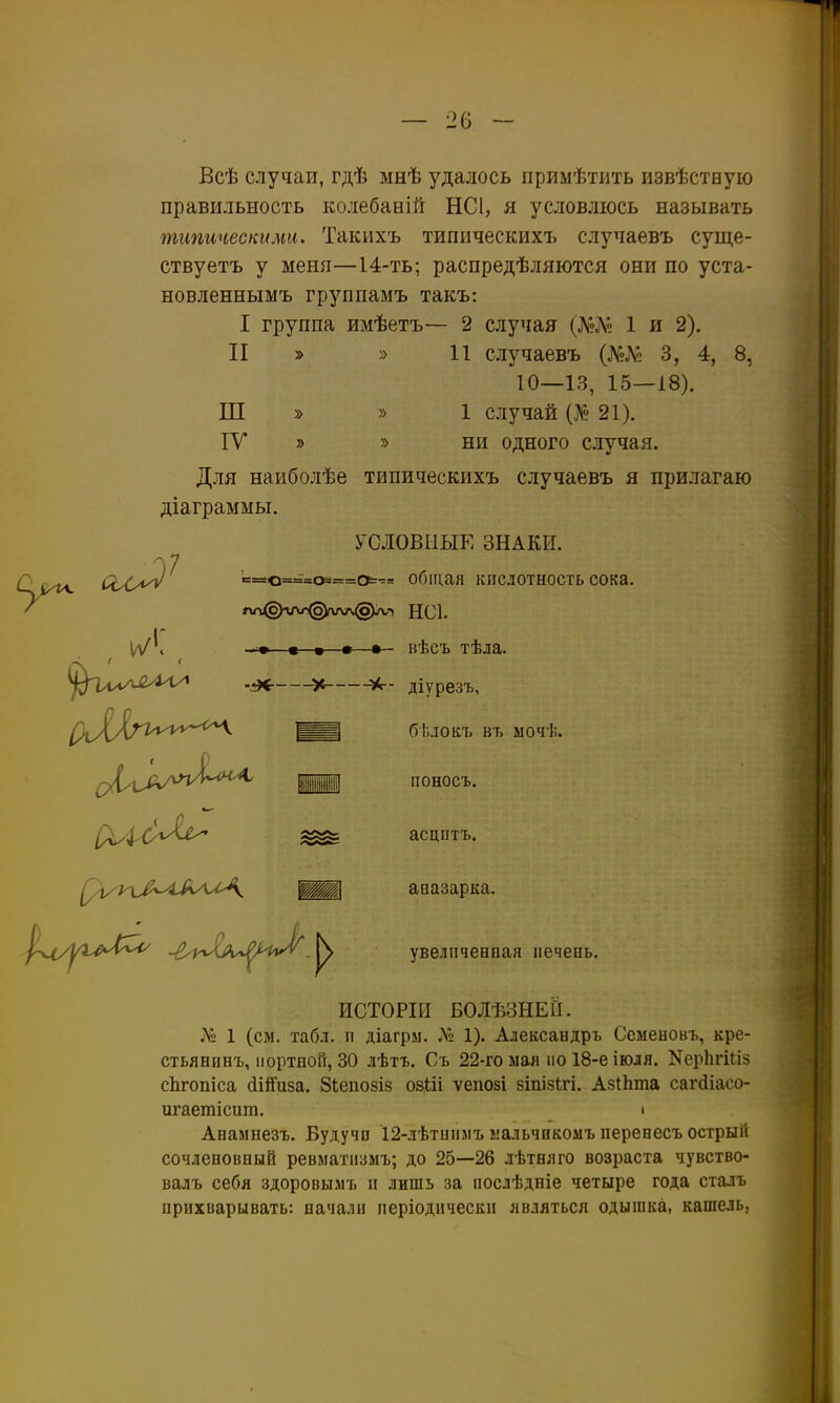 Всѣ случаи, гдѣ мнѣ удалось примѣтить извѣстеую правильность колебаній НС1, я условлюсь называть типическими, Такихъ типическихъ случаевъ суще- ству етъ у меня—14-ть; распредѣляются они по уста- новленнымъ группамъ такъ: I группа имѣетъ— 2 случая (№Лі 1 и 2). II » » 11 случаевъ (ХеЛ^ 3, 4, 8, 10—13, 15—18). Ш » » 1 случай (.:\« 21). ТУ » 5> ни одного случая. Для наиболѣе типическихъ случаевъ я прилагаю діаграммы. УСЛОВНЫЕ ЗНАКИ. Сііуіл. ОХл^^ ==о===сн==ОЕ=-== общая кпслотностьсока, ^ г»л@ггѵі^(оѴѵѵч@лл НС1. -^»—•—«—•—вѣсъ тѣла. ^Тлѵѵ^^ діурезъ, поносъ. Д/4.{>ѵС^ асцптъ. Оі/^УЪ0^-4^\'ЛЛА^ ШШ авазарка. ^-^ц/уье^^^^ -ІууЛр^^^и^»^^ увеличенная печень. ИСТОРІП Б0ЛѢЗНЕ1І. № 1 (см. табл. п діагры. № 1). Александръ Сеыеновъ, кре- стьяепнъ, портной, 30 лѣтъ. Съ 22-го мая по 18-е іюдя. КерІігШз сЬгопіса (ііііиза. Зіепозіз овШ ѵепозі зіпізігі. АзіЬта сагсііасо- игаетісит. • Анамнезъ. Будучи І2-лѣтигілъ иальчикоыъ перенесъ острый сочленовный ревматизмъ; до 25—26 лѣтеяго возраста чувство- валъ себя здоровымъ іі лишь за нослѣдніе четыре года сталъ прихварывать: начали періоднческп являться одышка, кашель,