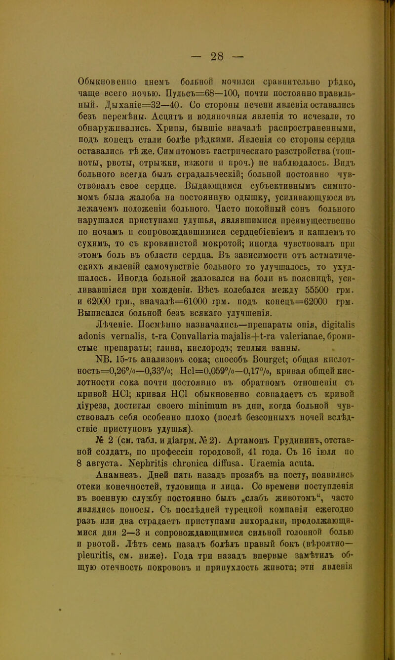 Обыкновенно днемъ больаоП мочился сравинтельио рѣдко, чаще всего ночью. Пульсъ=68—100, почти постоявпо правиль- ный. Дыханіе=32—40. Со стороны печени явлевія оставались безъ перемѣны. Асцитъ и водяиочпыя явленія то исчезали, то обнаруживались. Хрипы, бывшіе вначалѣ распространенвыын, подъ конецъ стали болѣе рѣдкиыи. Явленія со стороны сердца оставались тѣ же. Сим птоыовъ гастрическаго разстройства (тош- ноты, рвоты, отрыжки, изжоги н проч.) не наблюдалось. Впдъ больного всегда былъ страдальческій; больной постоянно чув- ствовалъ свое сердце. Выдающимся субъективнымъ симпто- ыомъ была жалоба на постоянную одышку, усиливающуюся въ лежачемъ положеніи больного. Часто покойный сонъ больного нарушался пристуиамп удушья, являвшимися преимущественно по ночамъ и сопровождавшимися сердцебіеніемъ и кашлемъ то сухимъ, то съ кровянистой мокротой; иногда чувствовалъ при этомъ боль въ области сердца. Въ зависимости отъ астматпче- скихъ явленій самочувствіе больного то улучшалось, то ухуд- шалось. Иногда больной жаловался на боли въ пояснпцѣ, усп- ливавшіяся при хожденіи. Вѣсъ колебался между 55500 грм. и 62000 грм., вначалѣ=61000 грм. подъ конецъ=62000 грм. Выписался больной безъ всякаго улучшенія. Лѣченіе. Посмѣнно назначалпсь—препараты опія, (іі^іЫіз айопіз ѵегпаііз, І-га Сопѵаііагіа та^а1і8^-і;-^а ѵаіегіапае, бромв- стые препараты; глина, кислородъ; теплыя ванны. НВ. 15-ть анализовъ сока; сиособъ Воиг^еі;; обпіая кпслот- ность=0,267о—0,337о; Нс1=0,0597о—0,177о, кривая общей кис- лотности сока почти постоянно въ обратномъ отношеніи съ кривой НС1; кривая НС1 обыкновенно совпадаетъ съ кривой діуреза, достигая своего тіпітит въ дип, когда больной чув- ствовалъ себя особенно плохо (послѣ безсонныхъ ночей вслѣд- ствіе приступовъ удушья). № 2 (см. табл. и діагрм, № 2). Артамонъ Грудининъ, отстав- ной солдатъ, по профессін городовой, 41 года. Съ 16 іюля по 8 августа. КерЬгШз сЬгопіса сіі^иза. Іігаетіа асиіа. Анамнезъ. Дней пять назадъ прозябъ на посту, появплись отеки конечностей, туловища и лица. Со времени поступленія въ военную службу постоянно бы.іъ „слабъ животомъ, часто являлись поносы. Съ послѣдпей турецкой компаніи ежегодно разъ иди два страдаетъ приступами лихорадки, продолжающи- мися дня 2—3 и сопровождающимися сильной головной болью п рвотой. Лѣтъ семь назадъ болѣлъ правый бокъ (вѣроятно— рІеигШз, см. ниже). Года три назадъ впервые замѣтилъ об- щую отечность покрововъ и припухлость жпвота; этп явленія