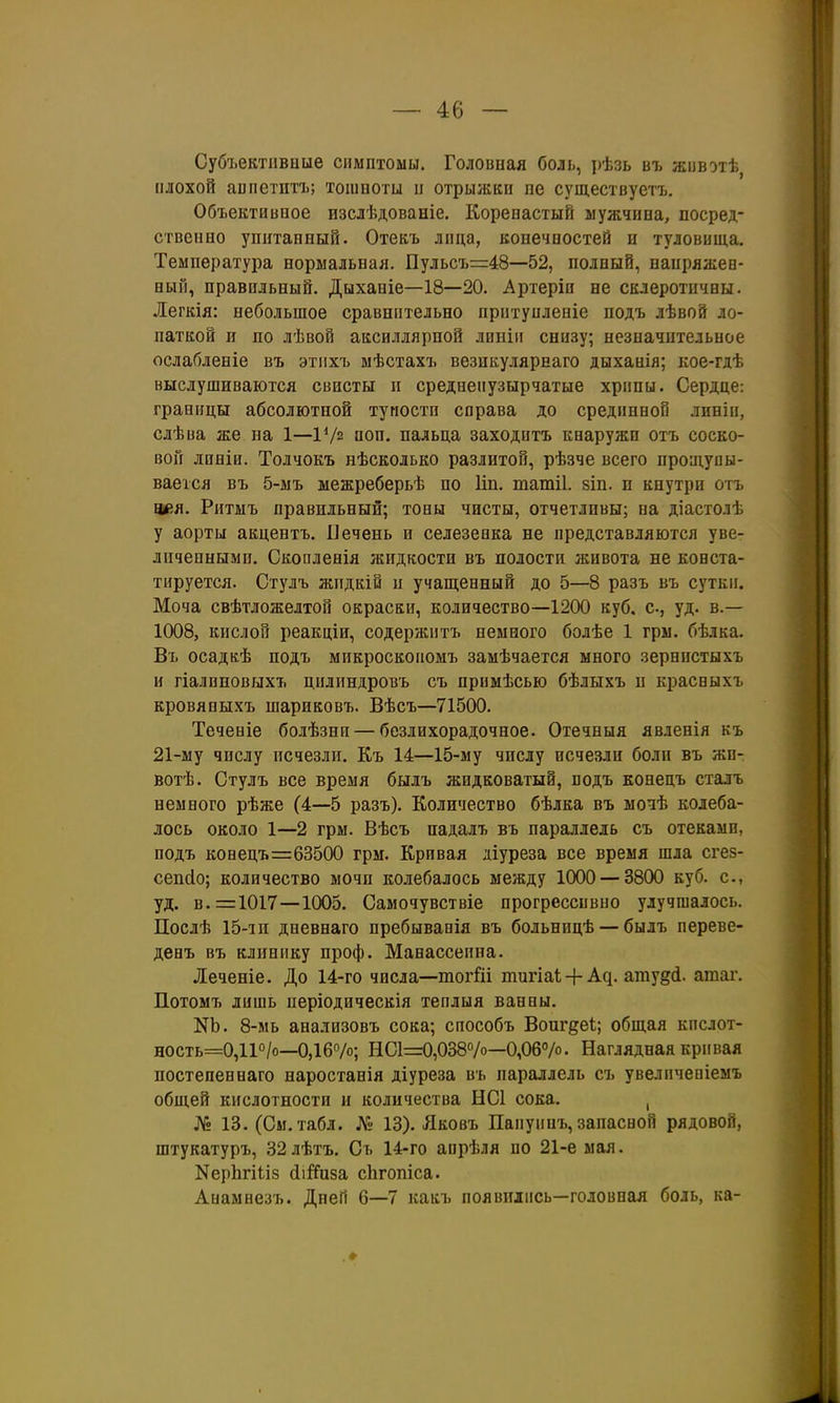 Субъективные симптомы. Головиая боль, рѣзь въ жпвотѣ плохой авпетптъ; тошпоти и отрыжки пе существуетъ. Объективпое изслѣдованіе. Коренастый мужчина, посред- ственно упитанный. Отекъ лпца, конечностей и туловища. Температура нормальная. Пульсъ=:48—52, полный, напряжен- ный, правильный. Дыханіе—18—20. Аргеріи не склеротичны. Легкія: небольшое сравнительно притунленіе подъ лѣвой ло- паткой и по лѣвой аксиллярпой линіи снизу; незначительное ослабленіе въ этихъ мѣстахъ везикулярнаго дыханія; кое-гдѣ выслушиваются свисты и среднеиузырчатые хрипы. Сердце: границы абсолютной тупости справа до срединной линіп, слѣва же на 1—Ѵ/2 поп. пальца заходитъ кнаружи отъ соско- вой лпніи. Толчокъ нѣсколько разлитой, рѣзче всего прош.упы- ваеіся въ 5-мъ межреберьѣ по Ііп. татіі. зіп. п кнутри отъ аея. Ритыъ правильный; тоны чисты, отчетливы; па діастолѣ у аорты акцентъ. Уечень и селезенка не представляются уве- личенными. Скопленія жидкости въ полости живота не конста- тируется. Стулъ жпдкій и учащенный до 5—8 разъ въ сутки. Моча свѣтложелтой окраски, количество—1200 куб. с, уд. в.— 1008, кислой реакціи, содержитъ немного болѣе 1 гры. бѣлка. Въ осадкѣ подъ микроскоиомъ замѣчается много зернистыхъ и гіалиновыхъ цилпндровъ съ примѣсью бѣлыхъ и красныхъ кровяныхъ шариковъ. Вѣсъ—71500. Теченіе болѣзнп — безлихорадочное. Отечныя явленія къ 21-му числу исчезли. Къ 14—15-му числу исчезли боли въ жп- вотѣ. Стулъ все время былъ жидковатый, подъ конецъ сталъ немного рѣже (4—5 разъ). Количество бѣлка въ мочѣ колеба- лось около 1—2 грм. Вѣсъ падалъ въ параллель съ отеками, подъ коБецъ=63500 грм. Кривая луреза все время шла сгез- сепсіо; количество мочи колебалось между 1000 — 3800 куб. с, уд. в. =1017—1005. Самочувствіе прогрессивно улучшалось. Послѣ 15-1П дневнаго пребывапія въ больницѣ — былъ переве- денъ въ клинику проф. Манассеина. Леченіе. До 14-го числа—тогШ тигіаі-Ь А^. атуд(1. атаг. Потомъ лишь періодическія теилыя ванны. NЬ. 8-мь анализовъ сока; способъ Воиг^еі; общая кпслот- ность=0,11о/о—0,16%; НС1=0,038о/о—0,06%- Наглядная кривая постепеннаго наростанія діуреза въ параллель съ увеличепіемъ общей кислотности и количества ЫС1 сока. , № 13. (См. табл. № 13). Лковъ Паиуипъ, запасной рядовой, штукатуръ, 32лѣтъ. Съ 14-го апрѣля по 21-е мая. КерЬгіІіз (ііі^иза сЬгопіса. Анамнезъ. Дней 6—7 какъ появились—головная боль, ка-