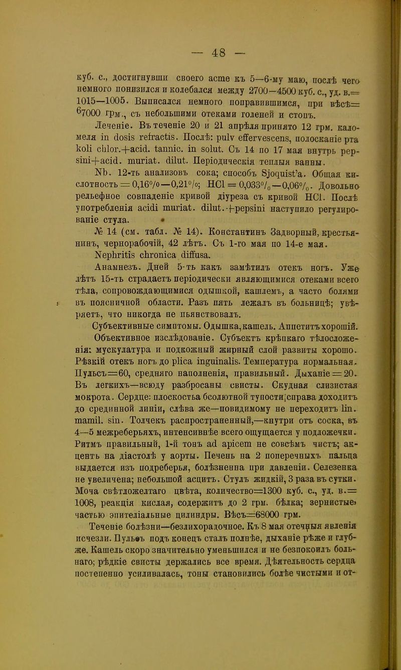 куб. с, достигнувши своего асте къ 5—6-му маю, послѣ чего немного понизился и колебался между 2700 -4500 куб. с, уд. в.= 1015—1005. Выписался немного поправившимся, при вѣсѣ= буооо грм., съ небольшими отеками голеней и стопъ. Леченіе. Вътечевіе 20 и 21 апрѣля принято 12 грм. кало- меля іп (І08І8 геігасііз. Послѣ: риіѵ еЯРегѵезсепз, полосканіе рта коИ с1і1ог.+асі(і. іаппіс. іп зоіиі;. Съ 14 по 17 мая внутрь рер- зіпі+асій. тигіаі. (іііиі. Періодическія теплыя ванны. КЬ. 12-ть анализоБъ сока; способъ 8^о^иіз^'а. Общая ки- слотность = 0,1670—0,2Р/о; НС1 = 0,0330/0—0,06% • Довольна рельефное совпадете кривой діуреза съ кривой НС1. Послѣ употребленія асШ тигіаі. сІіІиІ.-Ьрерзіііі наступило регулиро- ваніе стула. • Л*» 14 (см. табл. № 14). Константинъ Задворный, крестья- нинъ, чернорабочій, 42 лѣтъ. Съ 1-го мая по 14-е мая. КерЬгШз сЬгопіса (ііШіза. Анамнезъ. Дней 5-ть какъ замѣтилъ отекъ ногъ. Уже лѣтъ 15-ть страдаетъ періодически являющимися отеками всего тѣла, сопровождающимися одышкой, капілемъ, а часто болями 1 въ поясничной области. Разъ пять лежалъ въ больницѣ; увѣ- ряетъ, что никогда не пьянствовалъ. Субъективные симптомы. Одышка,кашель. Аппетитъхорошій. Объективное изслѣдованіе. Субъектъ крѣпкаго тѣлосложе- нія: мускулатура и подкожный жирный слой развиты хорошо. Рѣзкій отекъ ногъ до рНса іпёшпаііз. Температура нормальная . Пульсъ=60, средняго наполнения, правильный. Дыхаше = 20. Въ легкихъ—всюду разбросаны свисты. Скудная слизистая мокрота. Сердце: плоскостьа бсолютной тупости;справадоходитъ до срединной линіи, слѣва же—повидимому не переходитъ Ііп. татіі. зіп. Толчекъ распространенный,—кнутри отъ соска, въ 4—5 межреберьяхъ, интѳнсивнѣе всего ощущается у подложечки. Ритмъ правильный, 1-й тонъ ай арісеш не совсѣмъ чистъ; ак- ценгь на діастолѣ у аорты. Печень на 2 поперечныхъ пальца выдается изъ подреберья, болѣзнеена при давленіи. Селезенка не увеличена; небольшой асцитъ. Стулъ жидкій, 3 раза въ сутки. Моча свѣтложелтаго цвѣта, количество=1300 куб. с, уд. в.= 1008, реакція кислая, содержитъ до 2 грм. бѣлка; зернистые» частью эиителіальные цилиндры. Вѣсъ=68000 грм. Теченіе болѣзни—безлихорадочное. Къ 8 мая отеч^ыя явлевія исчезли. Пульвъ подъ конецъ сталъ полвѣе, дыханіе рѣже и глуб- же. Кашель скоро значительно уменьшился и не безпокоилъ боль- наго; рѣдкіе свисты держались все время, Дѣятельность сердца постепенно усиливалась, тоны становились болѣе чистыми и от-