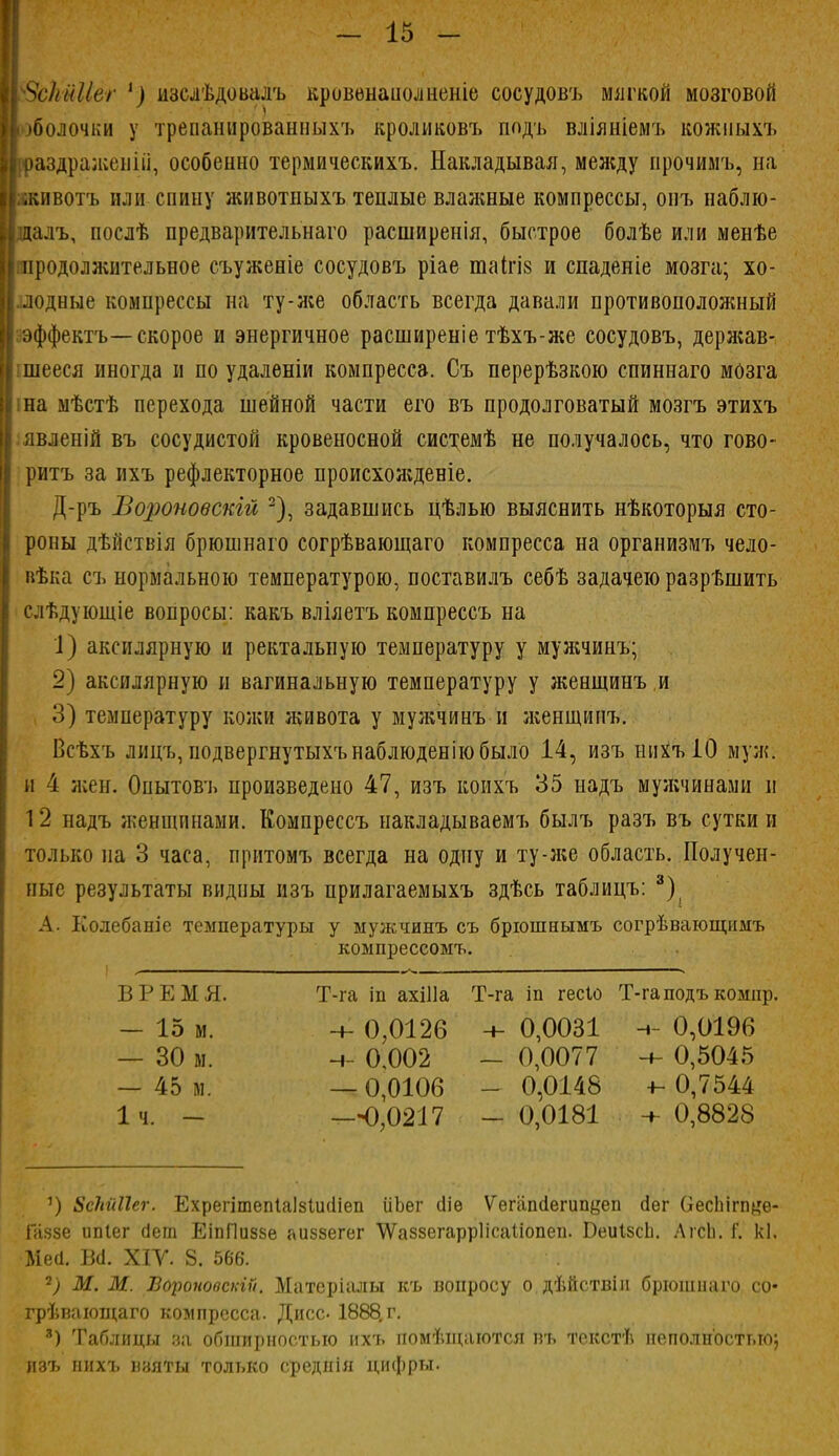 ВсШШг 1) изслѣдовалъ кровѳнаполненіе сосудовъ мягкой мозговой I .болочни у тренанированныхъ кроликовъ подъ вліяніемъ кожныхъ іздраженііі, особенно термическихъ. Накладывая, между прочимъ, на животъ или спину животныхъ теплые влажные компрессы, онъ наблю- . цалъ, послѣ предварительная расширенія, быстрое болѣе или менѣе Ушродолжнтельное съуженіе сосудовъ ріае таігів и спаденіе мозга; хо- I лодные компрессы на ту-же область всегда давали противоположный А эффектъ—скорое и энергичное расширеніе тѣхъ-же сосудовъ, держав- I шееся иногда и по удаленіи компресса. Съ перерѣзкою спиннаго мозга Міна мѣстѣ перехода шейной части его въ продолговатый мозгъ этихъ явленій въ сосудистой кровеносной системѣ не получалось, что гово- і ритъ за ихъ рефлекторное происхожденіе. Д-ръ Вороновскій 2), задавшись цѣлью выяснить нѣкоторыя сто- роны дѣйствія брюшнаго согрѣвающаго компресса на организмъ чело- вѣка съ нормальною температурою, поставилъ себѣ задачею разрѣшить слѣдующіе вопросы: какъ вліяетъ компрессъ на 1) аксилярную и ректальную температуру у мужчинъ; 2) аксилярную и вагинальную температуру у женщинъ ,и 3) температуру кожи живота у мужчинъ и женщипъ. Всѣхъ линь, подвергнутыхънаблюденіюбыло 14, изъ нихъіО муж. и 4 жен. Опытовъ произведено 47, изъ коихъ 35 надъ мужчинами и 12 надъ женщинами. Компрессъ накладываемъ былъ разъ въ сутки и только на 3 часа, притомъ всегда на одну и ту-же область. Получен- ные результаты видны изъ прилагаемыхъ здѣсь таблицъ: 3); А. РСолебаніе температуры у мужчинъ съ брюшнымъ согрѣвающимъ компрессомъ. ВРЕМЯ. Т-га іп ахіііа Т-га іп гесіо Т-га подъ ком нр. - 15 м. 0,0126 ч- 0,0031 н- 0,0196 — 30 м. ч- 0,002 - 0,0077 ч- 0,5045 _ 45 м. —0,0106 - 0,0148 +- 0,7544 1ч. - --0,0217 - 0,0181 ч 0,8828 1) ЗсЫШег. Ехрегітепіаізіисііеп ііЬег сііѳ Ѵегапсіегипйеп аѳг ОесЫгп^е- інззе ипіег сіеш ЕіпЛиззе аиззегег ѴѴаззегаррІісаиопеп. БеиІзсЬ. Лгсіі. Г. кі. Месі. Всі. ХІУ. 8. 566. 7) М. М. Боронопекги. Матеріалы къ вопросу о дѣйствіи брюшнаго со* грѣвающаго компресса. Дисс- 1888, г. 3) Таблицы за обширностью ихъ помещаются въ текстѣ пеполн'остыо; изъ пихъ взяты только средпія цифры.