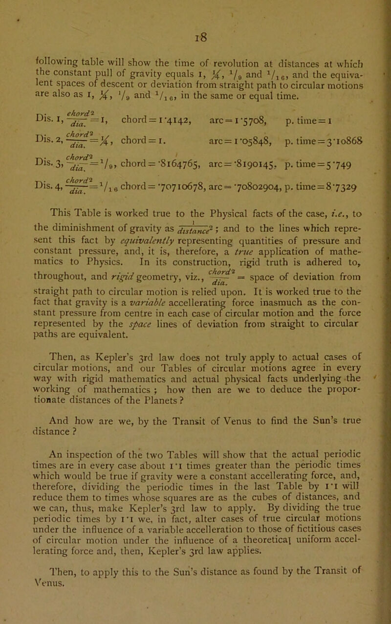 following table will show the time of revolution at distances at which the constant pull of gravity equals i, Vo and Vic> and the equiva- lent spaces of descent or deviation from straight path to circular motions are also as I, */9 and 1/10, in the same or equal time. chord = 1-4142, arc=i-S7o8, p. time=i Dis.2, ~?=%, chord = i. arc=i-05848, p. time = 3-10868 Dis. 3, = chord= '8164765, arc = -8i90i4S, p. time=5-749 Dis.4, chord= 70710678, arc = 70802904, p. time = 8.7329 This Table is worked true to the Physical facts of the case, i.e., to the diminishment of gravity as distance1 > and to the lines which repre- sent this fact by equivalently representing quantities of pressure and constant pressure, and, it is, therefore, a true application of mathe- matics to Physics. In its construction, rigid truth is adhered to, throughout, and rigid geometry, viz., — space of deviation from straight path to circular motion is relied upon. It is worked true to the fact that gravity is a variable accelerating force inasmuch as the con- stant pressure from centre in each case of circular motion and the force represented by the space lines of deviation from straight to circular paths are equivalent. Then, as Kepler’s 3rd law does not truly apply to actual cases of circular motions, and our Tables of circular motions agree in every way with rigid mathematics and actual physical facts underlying the working of mathematics ; how then are we to deduce the propor- tionate distances of the Planets ? And how are we, by the Transit of Venus to find the Sun’s true distance ? An inspection of the two Tables will show that the actual periodic times are in every case about I'l times greater than the periodic times which would be true if gravity were a constant accellerating force, and, therefore, dividing the periodic times in the last Table by ii will reduce them to times whose squares are as the cubes of distances, and we can, thus, make Kepler’s 3rd law to apply. By dividing the true periodic times by i’l we. in fact, alter cases of true circular motions under the influence of a variable acceleration to those of fictitious cases of circular motion under the influence of a theoretical uniform accel- lerating force and, then, Kepler’s 3rd law applies. Then, to apply this to the Sun’s distance as found by the Transit of Venus.
