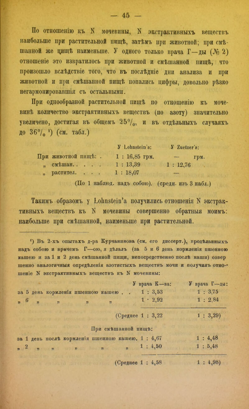 По отношенію къ N мочевины, N экстрактивныхъ веществъ наиболыне при растительной пищѣ, затѣмъ при животной; при смѣ- шанной же цищѣ наименьше. У одного только врача Г—ды (№ 2) отношеніе это извратилось при животной и смѣшанной пищѣ, что произошло вслѣдствіе того, что въ послѣдніе дни анализа и при животной и при смѣшанной пищѣ попались цифры, довольно рѣзко негармонировавшія съ остальными. При однообразной растительной пищѣ по отношенію къ моче- винѣ количество экстрактивныхъ веществъ (по азоту) значительно увеличено, достигая въ общемъ 25°/01 и въ отдѣльныхъ случаяхъ до В6°/0 *) (см. табл.) У ЬоЬп8Іеіп’а: У 2иеігег’а: При животной пищѣ: . 1 : 16,85 грм. — грм. „ смѣшай 1 : 13,39 1 : 12,76 „ растите.!. ... 1 : 18,07 — (По 1 наблюд. надъ собою), (среди, изъ 3 набл.) Такимъ образомъ у Ьоішзіеіп’а получились отношенія N экстрак- тивныхъ веществъ къ N мочевины совершенно обратныя моимъ: наиболыне при смѣшанной, наименьше при растительной. {) Въ 2-хъ опытахъ д-ра Курчанинова (см. его диссерт.), продѣланныхъ надъ собою и врачемъ Г—ою, я дѣлалъ (за 5 и 6 день кормленія пшенною кашею и за 1 и 2 день смѣшанной пищи, непосредственно послѣ каши) совер шенно аналогичныя опредѣленія азотистыхъ веществъ мочи и получилъ отно-- шеніе N экстрактивныхъ веществъ къ N мочевины: за 5 день кормленія пшенною кашею . я ® л я я я У врача К—ва: 1 : 3,53 1 • 2,92 У врача Г—ды: 1 : 3,75 1 : 2,84 (Среднее 1 : 3,22 1 : 3,29) При смѣшанной пищѣ: за 1 день послѣ кормленія пшенною кашею. 1 : 4,67 1 : 4,48 „ 2 _ У) У> „ Я Я Я 1 : 4,50 1 : 5,48 (Среднее 1 : 4,58 1 : 4,98)