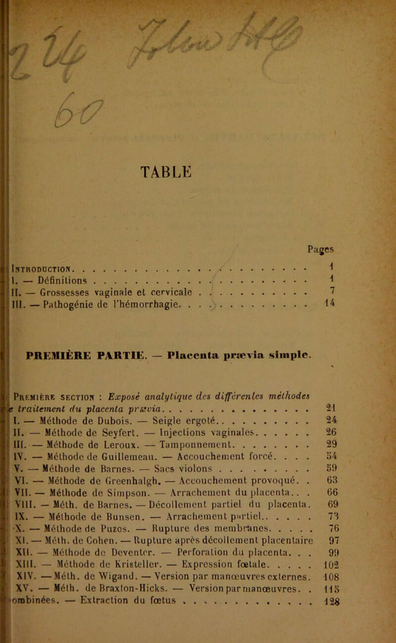 TABLE Pages Irtroddctiok I. — Définitions II. — Grossesses vaginale et cervicale 7 III. —Palhogénie de l’hémorrhagie. PRE)1IÈR£ PARTIE. — Placenta prævia simple. Pbf.miéi\e section : Exposé analytique des différentes méthodes ! traitement du plaeenta pr&tvia 21 I. — Méthode de Dubois. — Seigle ergoté 24 II. — Méthode de Seyfert. — Injections vaginales 26 III. — Méthode de Leroux. — Tamponnement 29 IV. — Méthode de Guillemeau. — Accouchement forcé. ... 64 V. —• Méthode de Barnes. — Sacs violons 59 VI. — Méthode de Greenhalgh. — Accouchement provoqué. . 63 VII. — Méthode de Simpson. — Arrachement du placenta.. . 66 VIII. — Méth. de Barnes. — Décollement partiel du placenta. 69 IX. — Méthode de Bunsen. — Arrachement partiel 73 ■X. — Méthode de Puzos. — Rupture des membrtines 76 XI. — Méth. de Cohen. — Rupture après décollement placentaire 97 XII. — Méthode de Deventer. — Perforation du placenta. . . 99 XIII. — Méthode de Kristcller. — Expression fœtale 102 XIV. —Méth. de Wigand. — Version par manœuvres externes. 108 XV. — Méth. de Braxion-Ilicks. — Version par manœuvres. . 113 ombinées. — Extraction du fœtus 12g