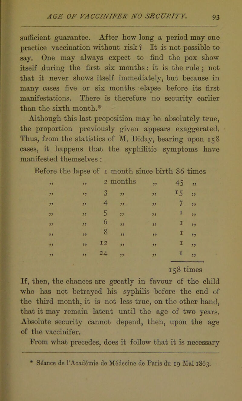 sufficient guarantee. After how long a period may one practice vaccination without risk ? It is not possible to say. One may always expect to find the pox show itself during the first six months: it is the rule; not that it never shows itself immediately, hut because in many cases five or six months elapse before its first manifestations. There is therefore no security earlier than the sixth month.* Although this last proposition may be absolutely true, the proportion previously given appears exaggerated. Thus, from the statistics of M. Diday, bearing upon 158 cases, it happens that the syphilitic symptoms have manifested themselves : Before the lapse of 1 month since birth 86 times 5J J? 0 months yy 45 yy yy n O yy yy 15 yy yy 4 yy yy 7 yy yy 5 yy yy 1 yy yy 6 yy yy 1 yy yy 8 yy yy 1 yy yy 12 yy yy 1 yy yy 24 yy yy X yy 1 58 times , the chances are greatly in favour of the child who has not betrayed his syphilis before the end of the third month, it is not less true, on the other hand, that it may remain latent until the age of two years. Absolute security cannot depend, then, upon the age of the vaccinifer. From what precedes, does it follow that it is necessary Sdance de l’Acadcmie do Medecine de Paris du 19 Mai 1863.