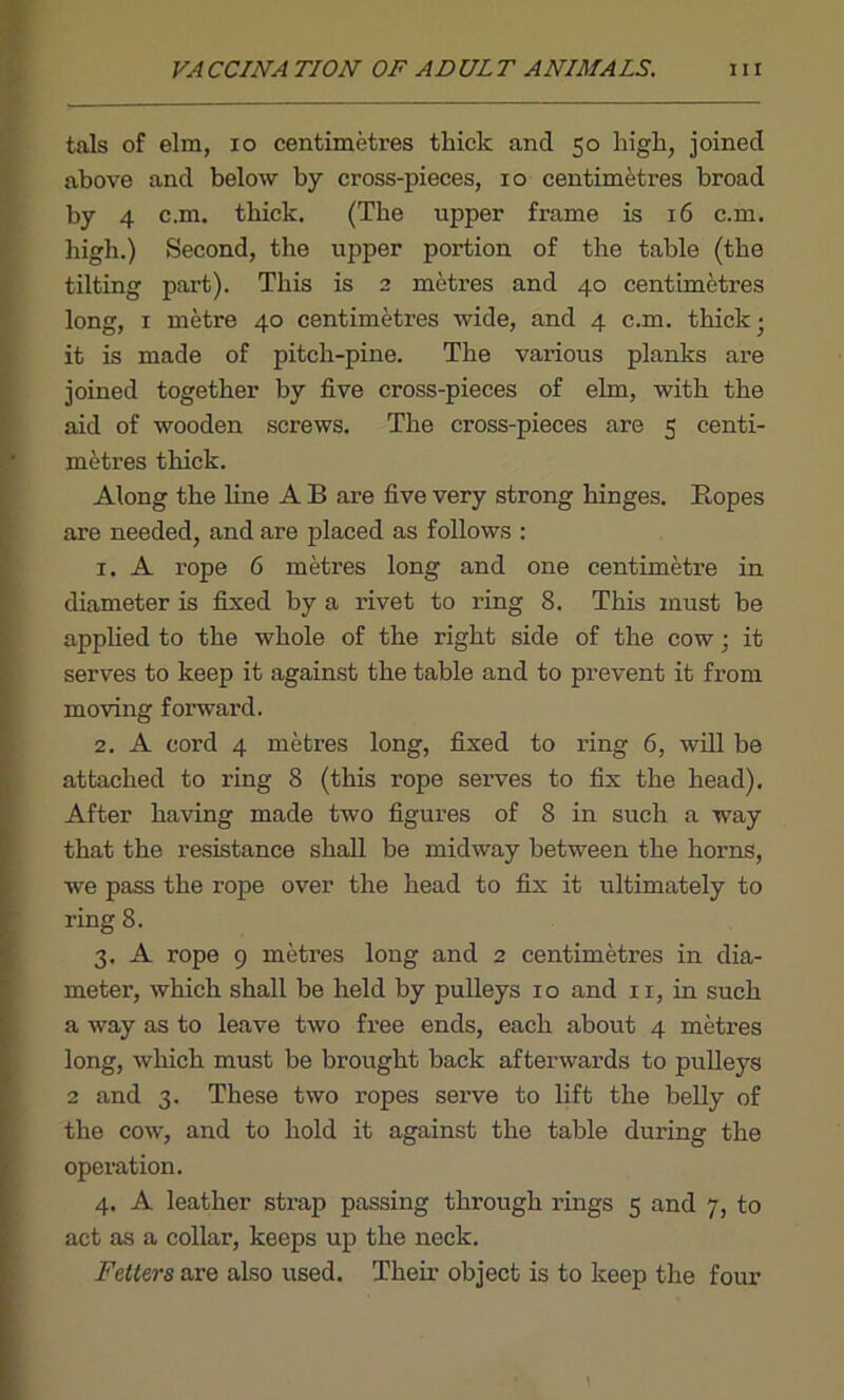 tals of elm, io centimetres thick and 50 high, joined above and below by cross-pieces, 10 centimetres broad by 4 c.m. thick. (The upper frame is 16 c.m. high.) Second, the upper portion of the table (the tilting part). This is 2 metres and 40 centimetres long, 1 metre 40 centimetres wide, and 4 c.m. thick; it is made of pitch-pine. The various planks are joined together by five cross-pieces of elm, with the aid of wooden screws. The cross-pieces are 5 centi- metres thick. Along the line A B are five very strong hinges. B,opes are needed, and are placed as follows : x. A rope 6 metres long and one centimetre in diameter is fixed by a rivet to ring 8. This must be applied to the whole of the right side of the cow; it serves to keep it against the table and to prevent it from moving forward. 2. A cord 4 metres long, fixed to l'ing 6, will be attached to ring 8 (this rope seiwes to fix the head). After having made two figures of 8 in such a way that the resistance shall be midway between the horns, we pass the rope over the head to fix it ultimately to ring 8. 3. A rope 9 metres long and 2 centimetres in dia- meter, which shall be held by pulleys 10 and 11, in such a way as to leave two free ends, each about 4 metres long, which must be brought back afterwards to pulleys 2 and 3. These two ropes serve to lift the belly of the cow, and to hold it against the table during the operation. 4. A leather sti’ap passing through rings 5 and 7, to act as a collar, keeps up the neck. Fetters are also used. Their object is to keep the four