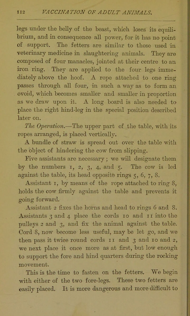 legs under the belly of the beast, which loses its equili- brium, and in consequence all power, for it has no point of support. The fetters are similar to those used in veterinary medicine in slaughtering animals. They are composed of four manacles, jointed at their centre to an iron ring. They are applied to the four legs imme- diately above the hoof. A rope attached to one ring passes through all four, in such a way as to form an ovoid, which becomes smaller and smaller in proportion as we draw upon it. A long board is also needed to place the right hind-leg in the special position described later on. The Operation.—The upper part of the table, with its ropes arranged, is placed vertically. A bundle of straw is spread out over the table with the object of hindering the cow from slipping. Five assistants are necessary ; we will designate them by the numbers i, 2, 3, 4, and 5. The cow is led against the table, its head opposite rings 5, 6, 7, 8. Assistant 1, by means of the rope attached to ring 8, holds the cow firmly against the table and prevents it going forward. Assistant 2 fixes the horns and head to rings 6 and 8. Assistants 3 and 4 place the cords 10 and 11 into the pulleys 2 and 3, and fix the animal against the table. Cord 8, now become less useful, may be let go, and we then pass it twice round cords 11 and 3 and 10 and 2, we next place it once more as at first, but low enough to support the fore and hind quarters during the rocking movement. This is the time to fasten on the fetters. We begin with either of the two fore-legs. These two fetters are easily placed. It is more dangerous and more difficult to