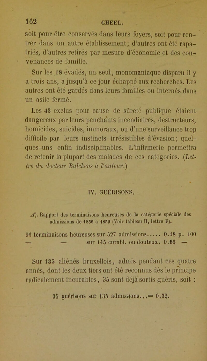 soit pour être conservés dans leurs foyers, soit pour ren- trer dans un autre établissement; d’autres ont été rapa- triés, d’autres retirés par mesure d’économie et des con- venances de famille. Sur les 18 évadés, un seul, monomaniaque disparu il y a trois ans, a jusqu’à ce jour échappé aux recherches. Les autres ont été gardés dans leurs familles ou internés dans un asile fermé. Les 43 exclus pour cause de sûreté publique étaient dangereux par leurs pencha'nts incendiaires, destructeurs, homicides, suicides, immoraux, ou d’une surveillance trop difficile par leurs instincts irrésistibles d’évasion; quel- ques-uns enfin indisciplinables. L’infirmerie permettra de retenir la plupart des malades de ces catégories. (Let- tre du docteur Bulcliens à l’auteur.) IV. GUÉRISONS. A). Rapport des terminaisons heureuses de la catégorie spéciale des admissions de 1856 a 1859 (Voir tableau II, lettre F). 9(5 terminaisons heureuses sur 527 admissions 0.18 p. 100 — — sur 145 curabl. ou douteux. 0.66 — Sur 135 aliénés bruxellois, admis pendant ces quatre annés, dont les deux tiers ont été reconnus dès le principe radicalement incurables, 35 sont déjà sortis guéris, soit : 35 guérisons sur 135 admissions., .= 0.32.