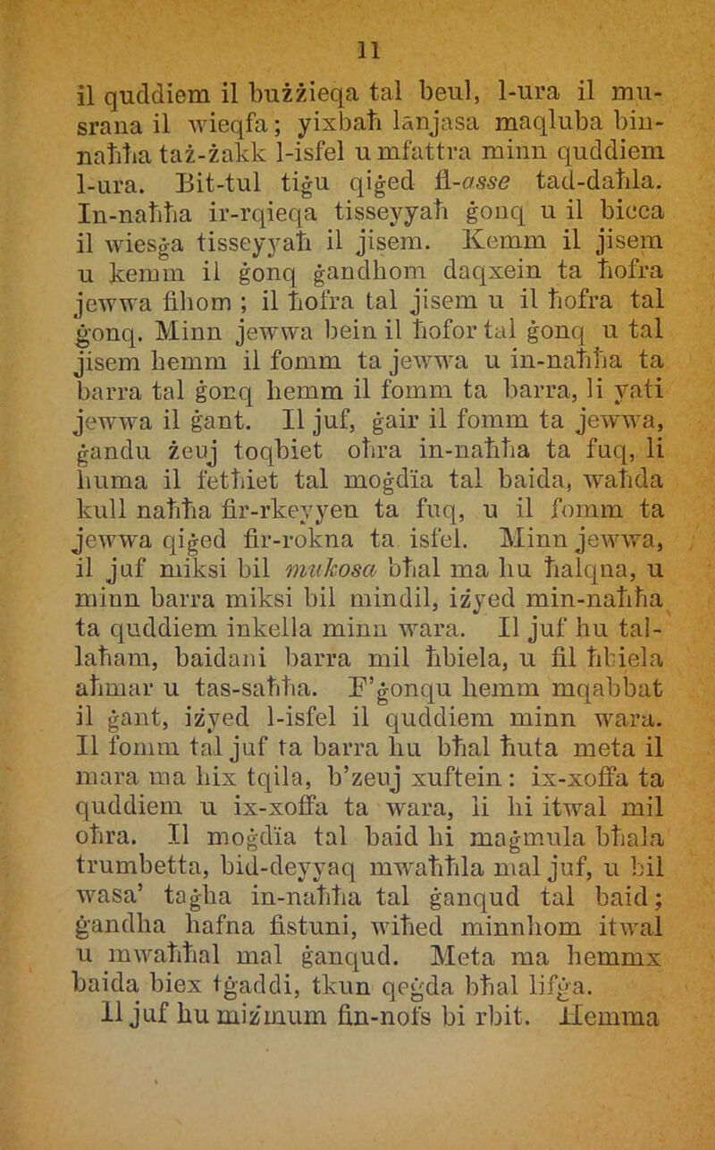 11 il quddiem il bużżieqa tal beul, 1-ura il mu- srana il 'wieqfa; yixbaħ lanjasa maqluba biu- naħba taż-żakk 1-isfel umfattra minn quddiem 1-ura. Bit-tul tiġu qiġed B.-asse tad-datila. In-natitia ir-rqieqa tisseyyaħ ġoiiq u il bicca il wiesġa tisseyyaħ il jisem. Kemm il jisem u kemm il ġonq ġandhom daqxein ta ħofra jewwa fihom ; il ħofra tal jisem u il ħofra tal ġonq. Minn jewwa bein il ħofor tal ġonq n tal jisem hemm il fomm ta jewwa u in-naħħa ta barra tal ġonq hemm il fomm ta barra, li yati jewwa il ġant. II juf, ġair il fomm ta jewwa, ġandu żeuj toqbiet oħra in-naħħa ta fuq, li huma il fetħiet tal moġdia tal baida, waħda kull naħħa fir-rkeyyen ta fuq, u il fomm ta jewwa qiġed fir-rokna ta isfel. Minn jewwa, il juf miksi bil nnikosa bħal ma hu ħalqna, u minn barra miksi bil mindil, iżyed min-naħħa ta quddiem inkella minn wara. II juf hu tal- laħam, baidani barra mil ħbiela, u fil ħbiela aħmar u tas-saħħa. E’ġonqu hemm mqabbat il ġant, iżyed 1-isfel il quddiera minn wara. II fomm tal juf ta barra hu bħal ħuta meta il mara ma hix tqila, b’zeuj xuftein : ix-xofifa ta quddiem u ix-xofifa ta wara, ii hi itwal mil oħra. II moġdia tal baid hi maġmula bħala trumbetta, bid-deyyaq mwaħħla mal juf, u bil wasa’ taġha in-naħħa tal ġanqud tal baid; ġandha hafna fistuni, wiħed minnhom itwal u mwaħħal mal ġanqud. Meta ma hemmx baida biex tġaddi, tkun qeġda bħal lifġa.