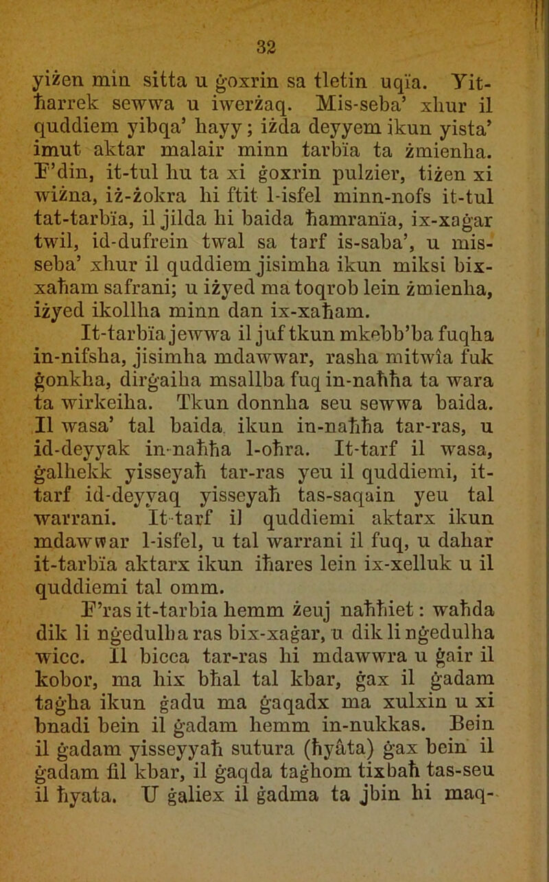 yiżen min sitta u ġoxrin sa tletin uq'ia. Yit- tiarrek sewwa u iwerżaq. Mis-seba’ xlmr il quddiem yibqa’ hayy; iżda deyyem ikun yista’ imut aktar malair minn tarbia ta żmienħa. !F’din, it-tul hu ta xi ġoxrin pulzier, tiżen xi wiżna, iż-żokra hi ftit 1-isfel minn-nofs it-tul tat-tarbia, il jilda hi baida hamrania, ix-xaġar twil, id-dufrein twal sa tarf is-saba’, u mis- seba’ xhur il quddiem jisimha ikun miksi bix- xaham safrani; u iżyed ma toqrob lein żmienha, iżyed ikollha minn dan ix-xaham. It-tarbia jewwa il juf tkun mkebb’ba fuqha in-nifsha, jisimha mdawwar, rasha mitwia fuk ġonkha, dirġaiha msallba fuq in-naħħa ta wara ta wirkeiha. Tkun donnha seu sewwa baida. II wasa’ tal baida. ikun in-nahha tar-ras, u id-deyyak in-nahħa 1-ohra. It-tarf il wasa, ġalhekk yisseyaħ tar-ras yeu il quddiemi, it- tarf id-deyyaq yisseyah tas-saqain yeu tal warrani. It tarf ii quddiemi aktarx ikun mdawwar 1-isfel, u tal warrani il fuq, u dahar it-tarbia aktarx ikun iħares lein ix-xelluk u il quddiemi tal omm. E’ras it-tarbia hemm żeuj naħhiet: wahda dik li nġedulbaras bix-xaġar, u diklinġedulha wicc. II bicca tar-ras hi mdawwra u ġair il kobor, ma hix bħal tal kbar, ġax il ġadam taġha ikun ġadu ma ġaqadx ma xulxin u xi bnadi hein il ġadam hemm in-nukkas. Bein il ġadam yisseyyaħ sutura (ħyàta) ġax bein il ġadam fil kbar, il ġaqda taġhom tixbaħ tas-seu il hyata. XJ ġaliex il ġadma ta jbin hi maq-