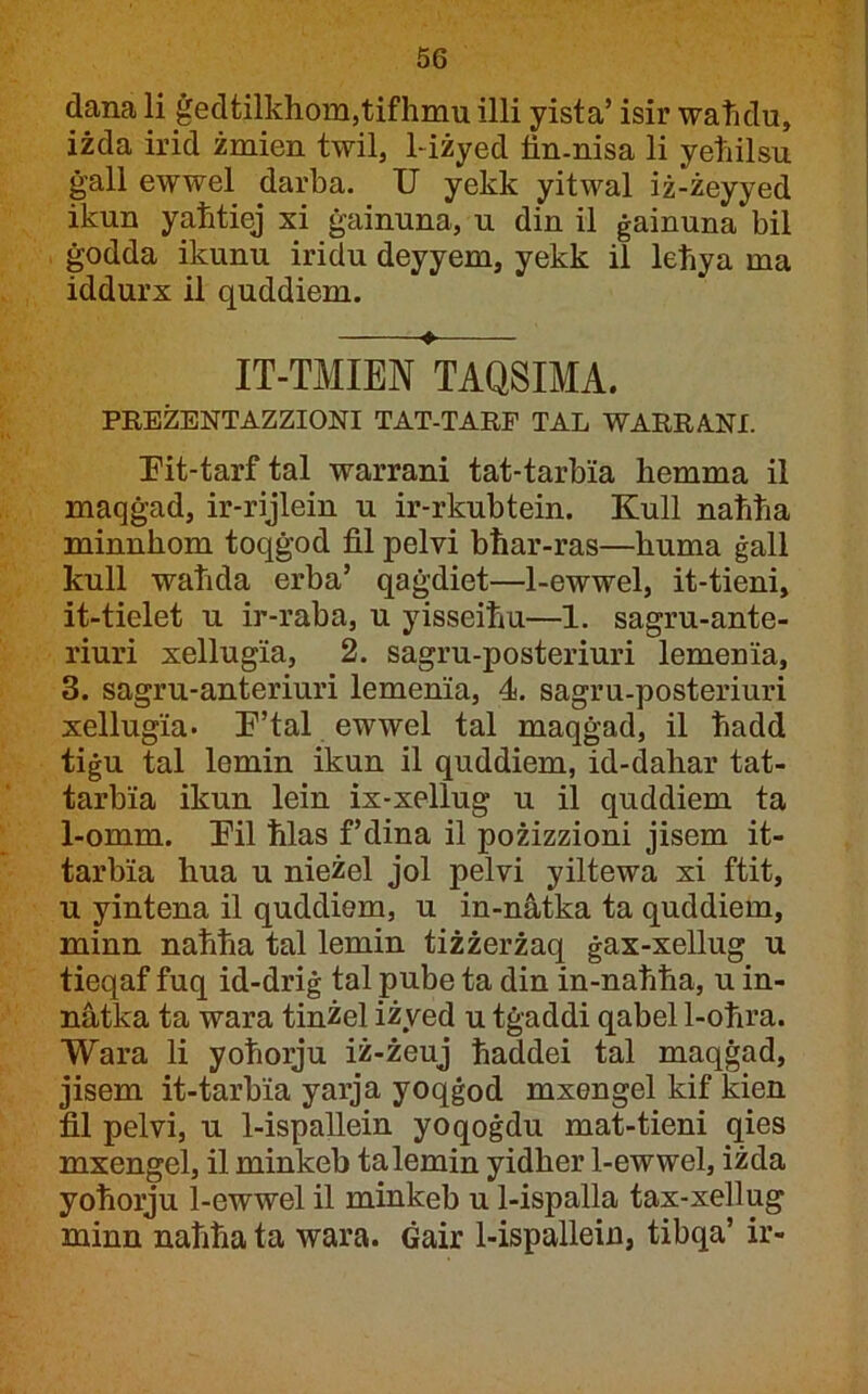 dana li ġedtilkhom,tifhmu illi yista’ isir wahdu, iżda irid żmien twil, hiżyed tin-nisa li yetiilsu ġall ewwel darha. U yekk yitwal iż-żeyyed ikun yatitiej xi ġainuna, u din il ġainuna bil ġodda ikunu iridu deyyem, yekk il letiya ma iddurx il quddiem. IT-TMIEN TAQSIMA. PREŻENTAZZIONI TAT-TARF TAL WARRANI. Uit-tarf tal warrani tat-tarbia hemma il maqġad, ir-rijlein u ir-rkubtein. Kull nahha minnhom toqġod til pelvi bħar-ras—huma ġall kull wahda erba’ qaġdiet—1-ewwel, it-tieni, it-tielet u ir-raba, u yisseiħu—1. sagru-ante- riuri xellugia, 2. sagru-posteriuri lemenia, 3. sagru-anteriuri lemenia, 4. sagru-posteriuri xellugia. U’tal ewwel tal maqġad, il hadd tiġu tal lemin ikun il quddiem, id-dahar tat- tarbia ikun lein ix-xellug u il quddiem ta 1-omm. Uil ħlas f’dina il pożizzioni jisem it- tarbia hua u nieżel jol pelvi yiltewa xi ftit, u yintena il quddiem, u in-nàtka ta quddiem, minn naħħa tal lemin tiżżerżaq ġax-xellug u tieqaf fuq id-driġ tal pube ta din in-naħħa, u in- nàtka ta wara tinżel iżyed u tġaddi qabel 1-ohra. ‘Wara li yoħoiju iż-żeuj haddei tal maqġad, jisem it-tarbia yarja yoqġod mxengel kif kien til pelvi, u 1-ispallein yoqoġdu maUtieni qies mxengel, il minkeb talemin yidher 1-ewwel, iżda yohoiju 1-ewwel il minkeb u 1-ispalla tax-xellug minn naħħa ta wara. Ġair 1-ispallein, tibqa’ ir-